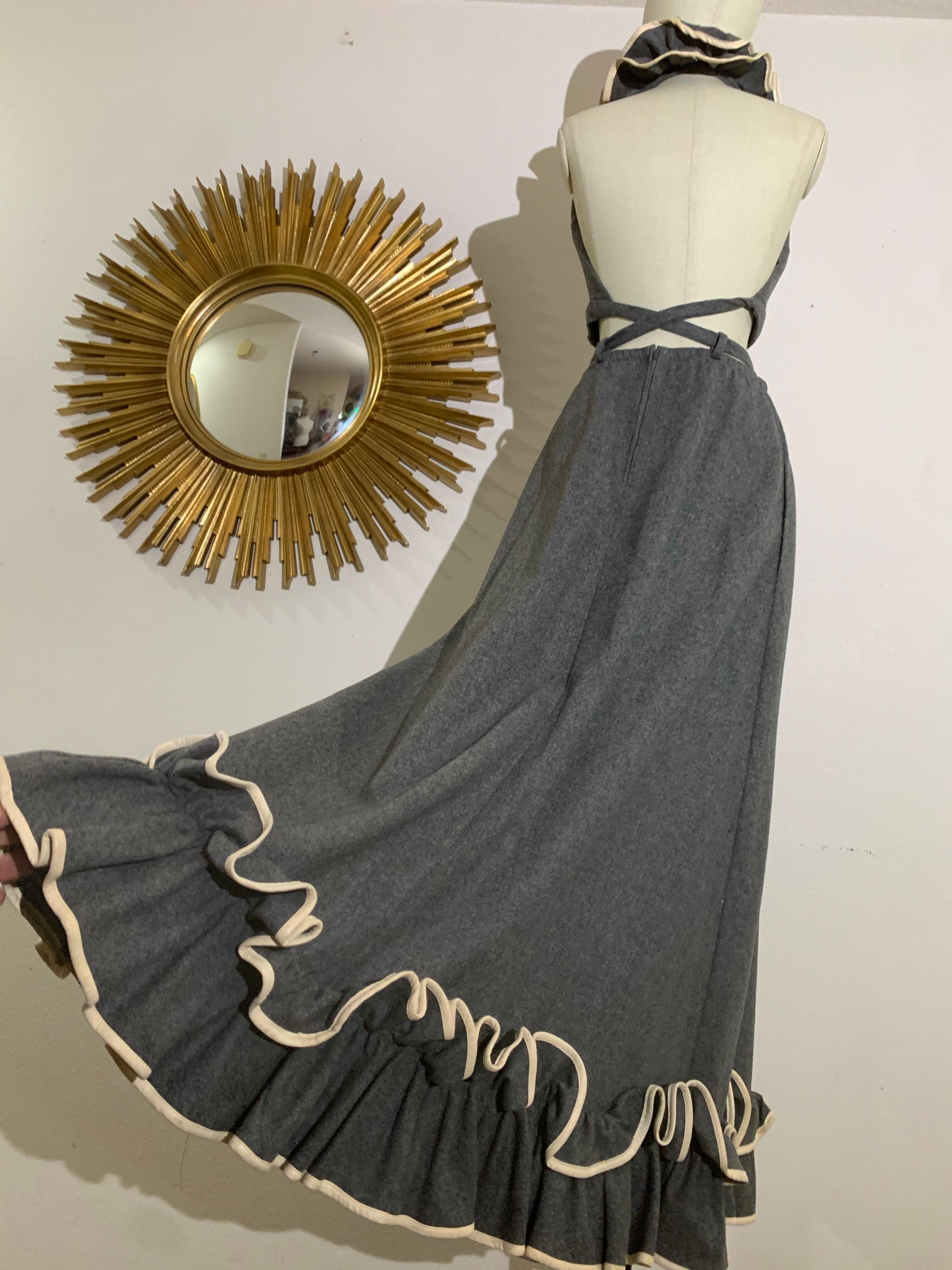 1970s Anne Fogarty Grey Wool Flannel Ruffled Halter Crop Top & Maxi Skirt For Sale 2