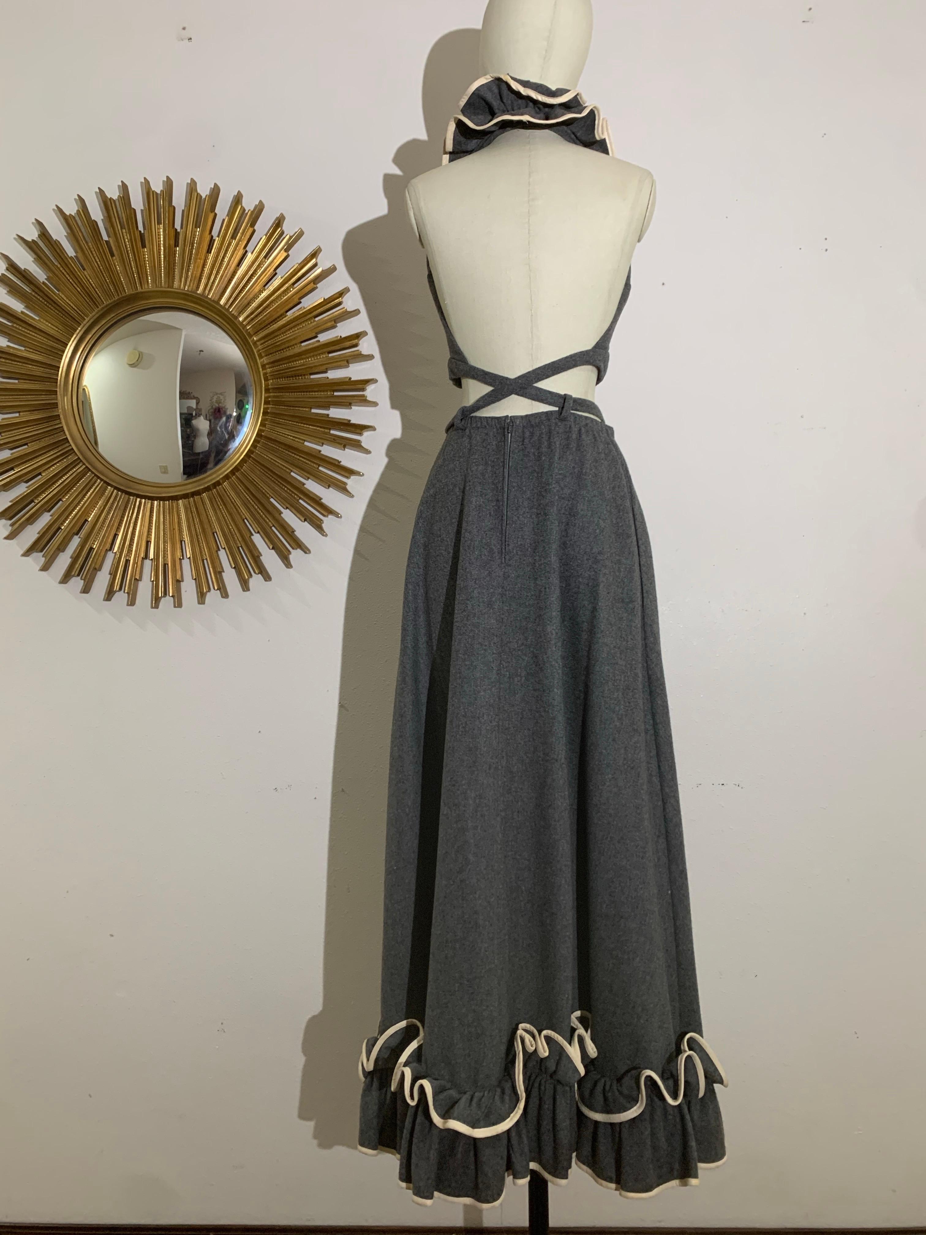 1970s Anne Fogarty Grey Wool Flannel Ruffled Halter Crop Top & Maxi Skirt For Sale 3
