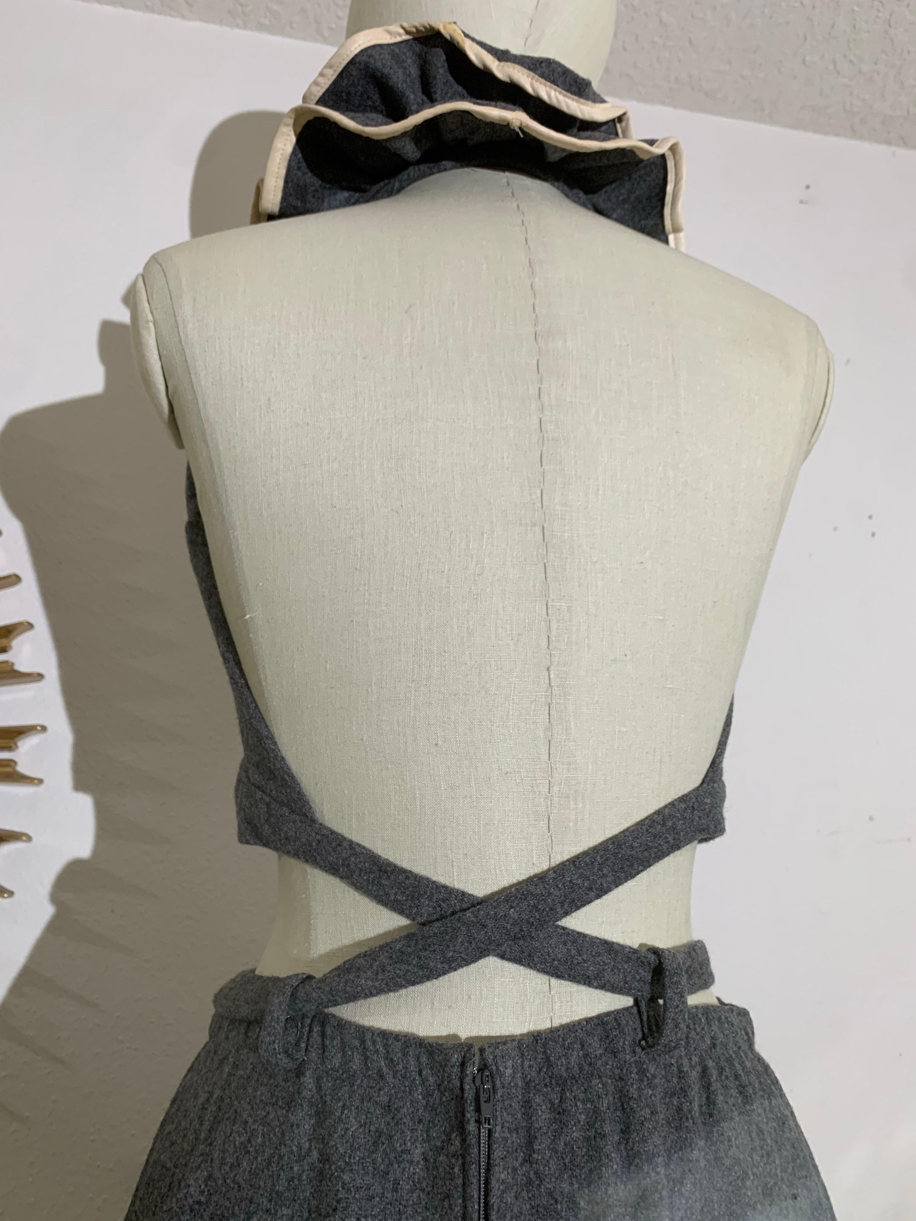 1970s Anne Fogarty Grey Wool Flannel Ruffled Halter Crop Top & Maxi Skirt For Sale 4