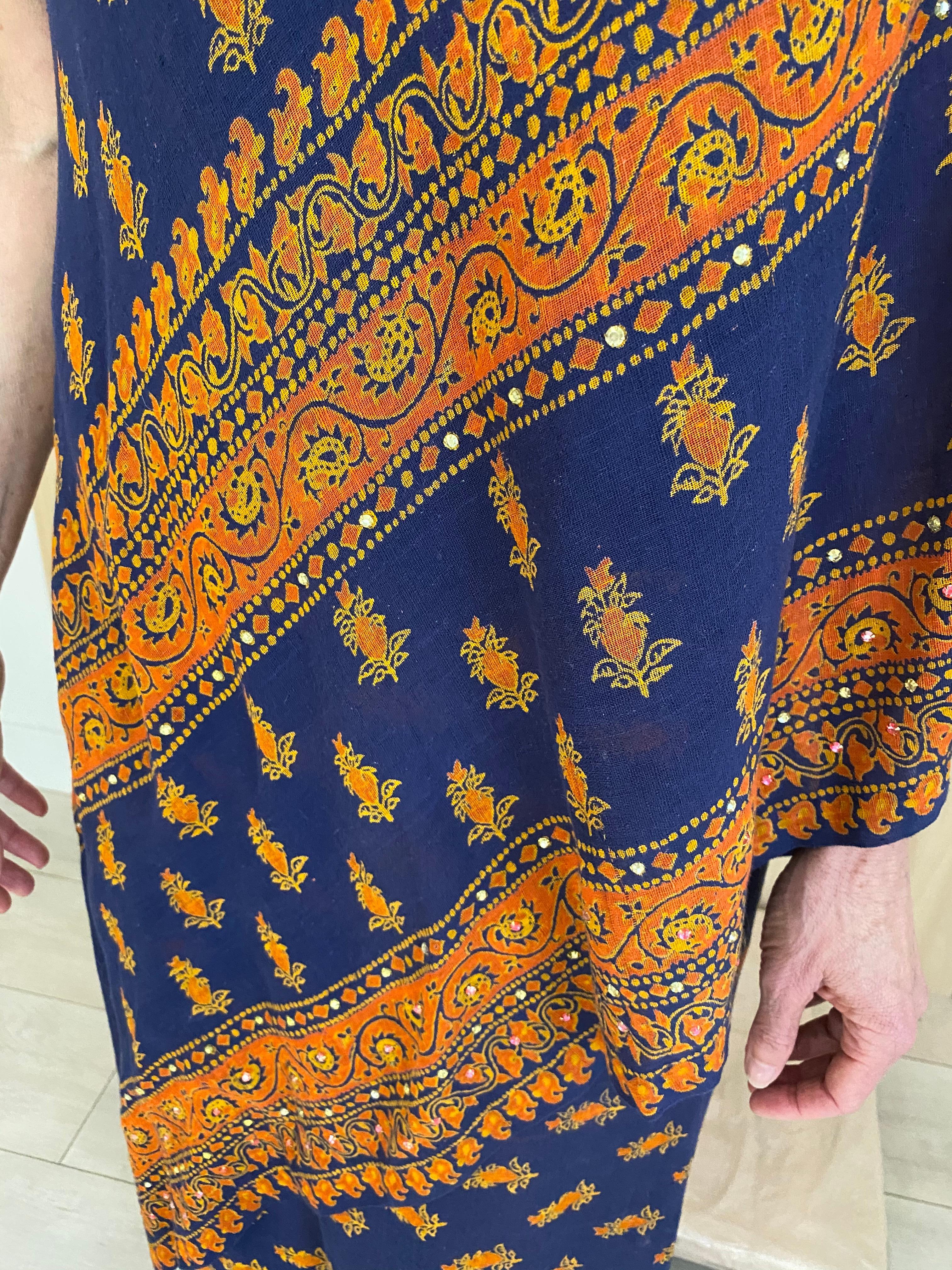 1970s Anne Fogarty One Shoulder Sari Inspired Blue and Orange Print Summer Dress 2
