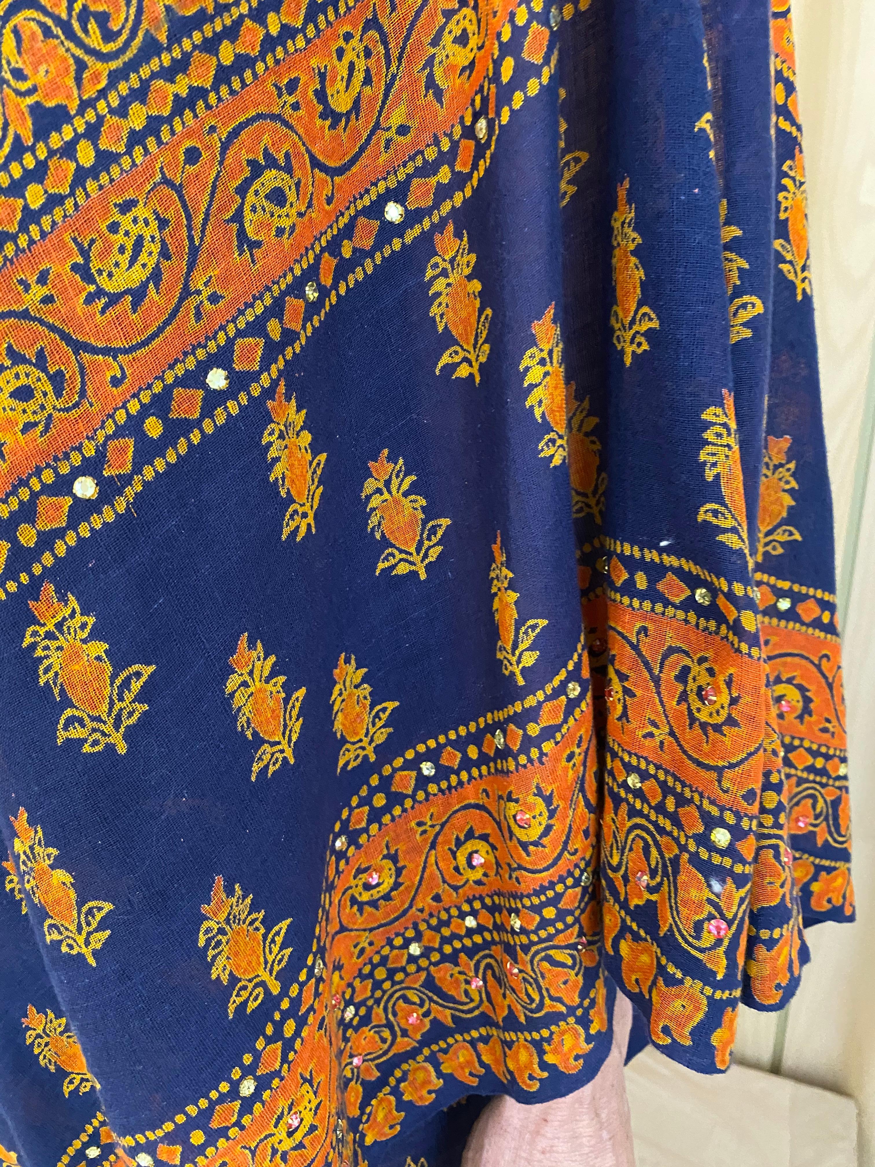 Black 1970s Anne Fogarty One Shoulder Sari Inspired Blue and Orange Print Summer Dress