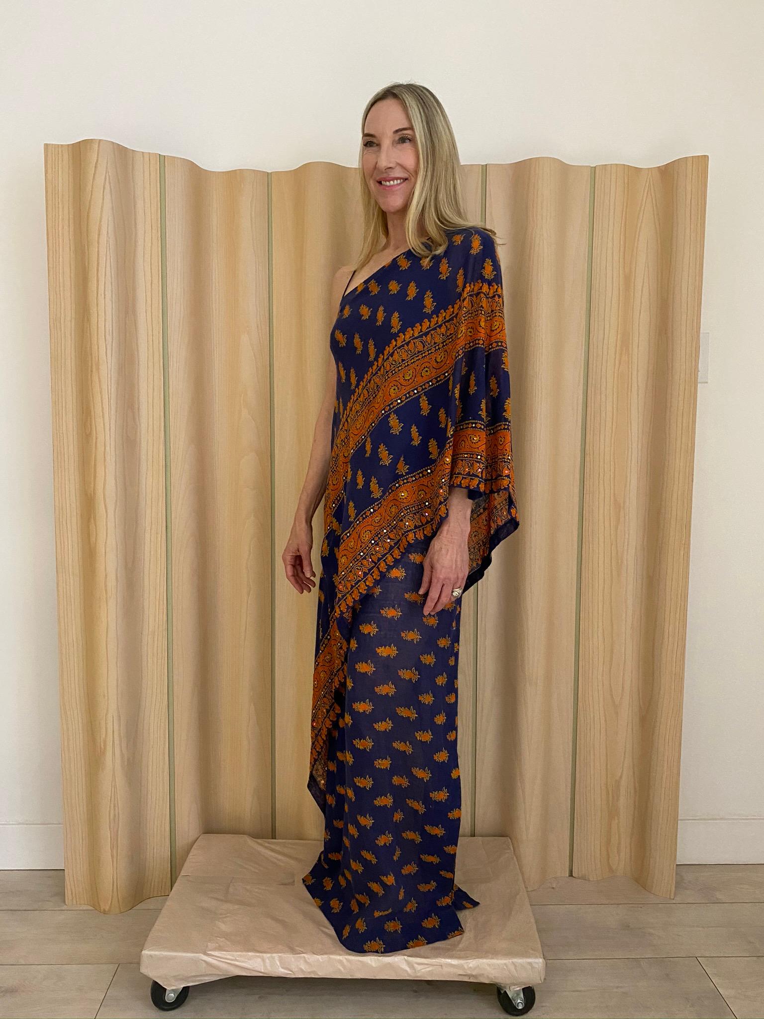 Women's 1970s Anne Fogarty One Shoulder Sari Inspired Blue and Orange Print Summer Dress