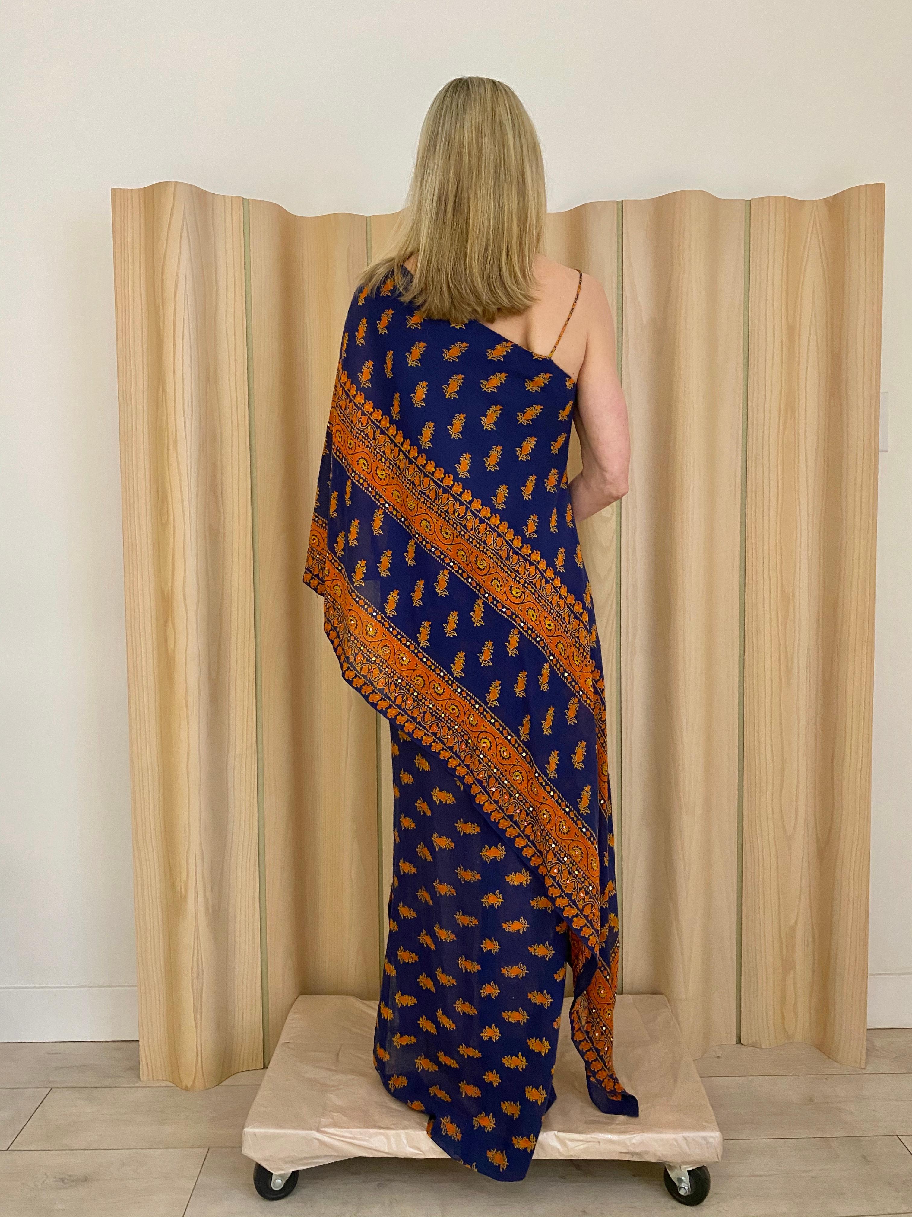 1970s Anne Fogarty One Shoulder Sari Inspired Blue and Orange Print Summer Dress 1