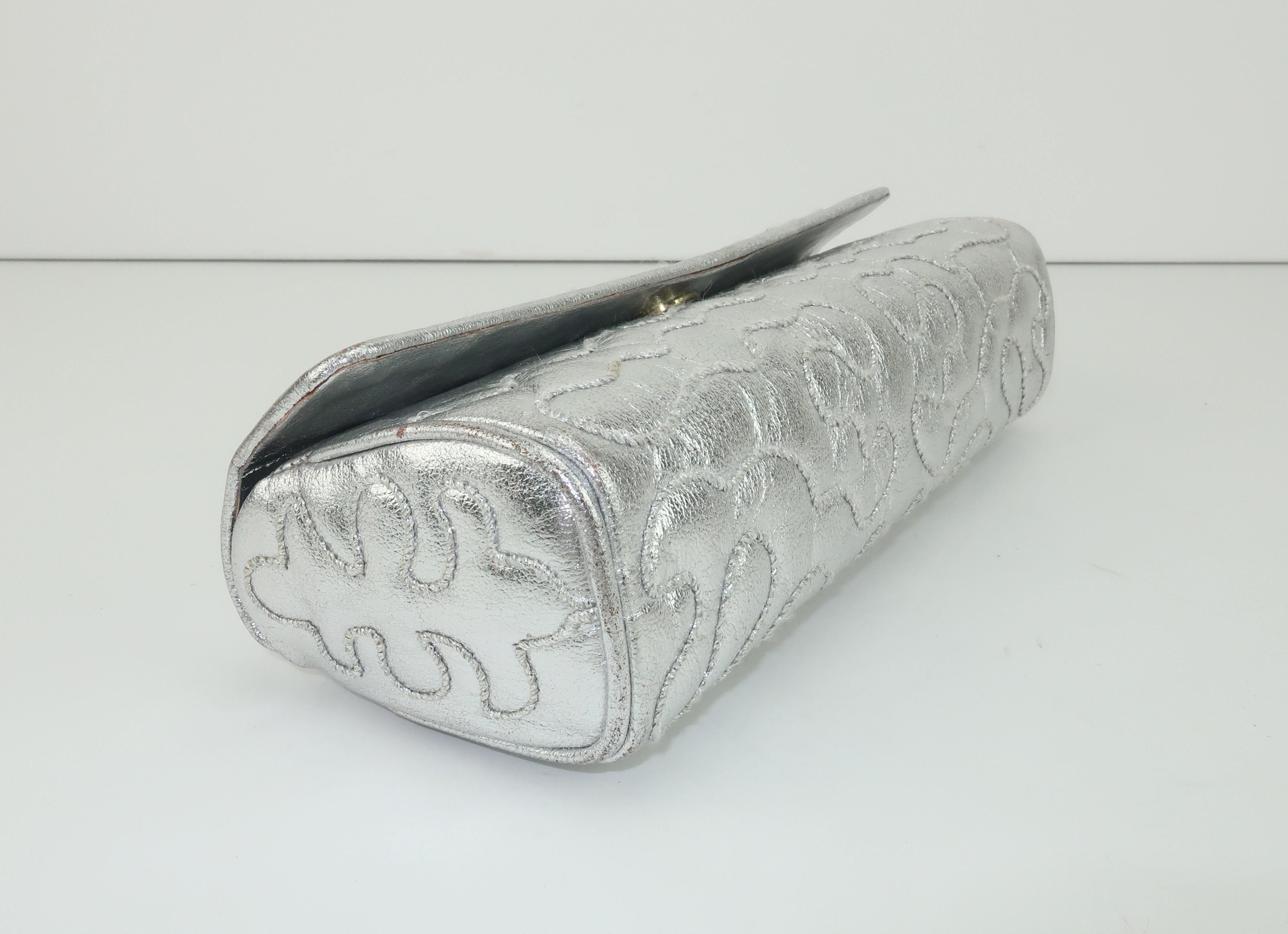 1970's Anne Klein for Calderon Quilted Silver Leather Clutch Evening Handbag 1