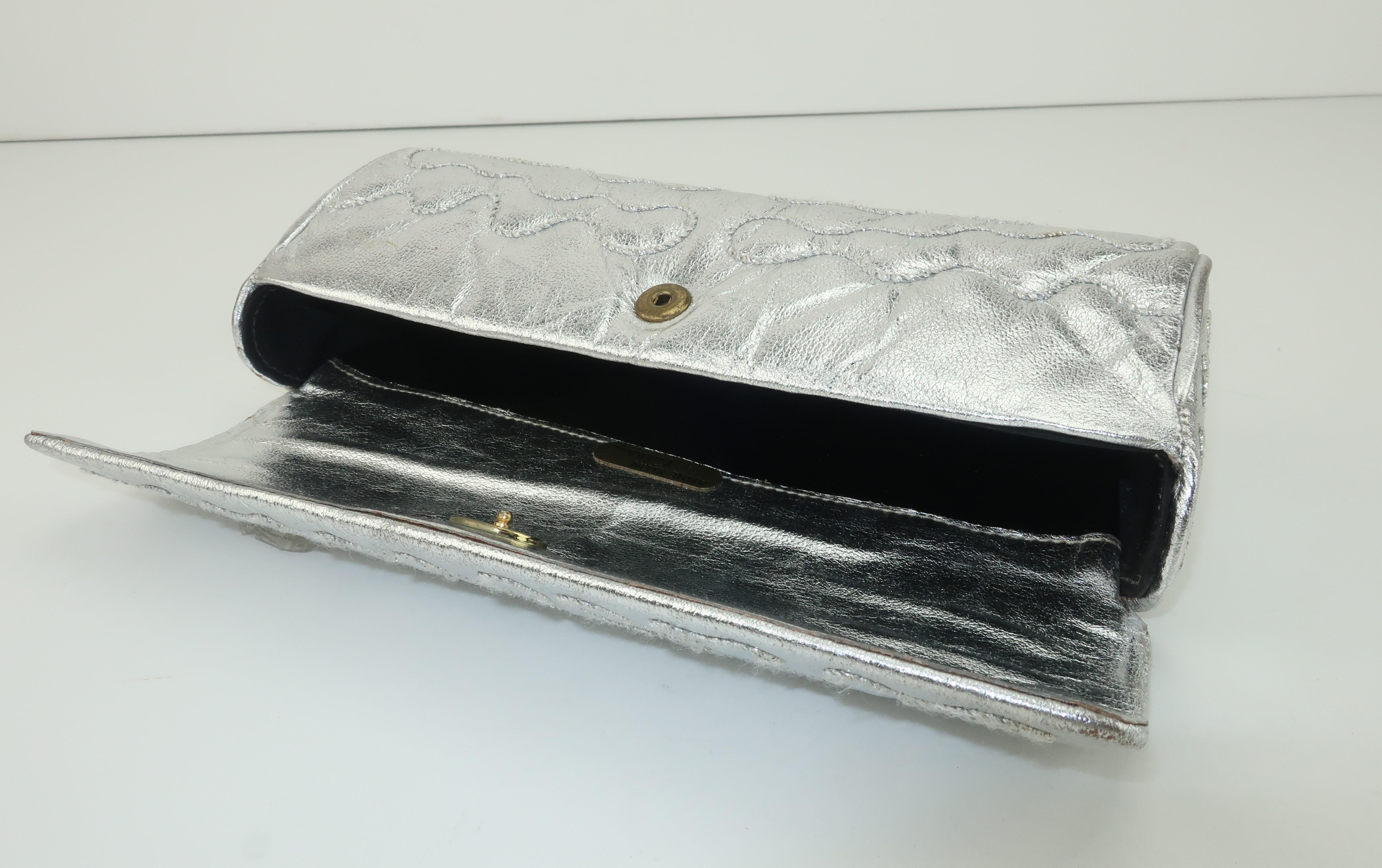 1970's Anne Klein for Calderon Quilted Silver Leather Clutch Evening Handbag 2