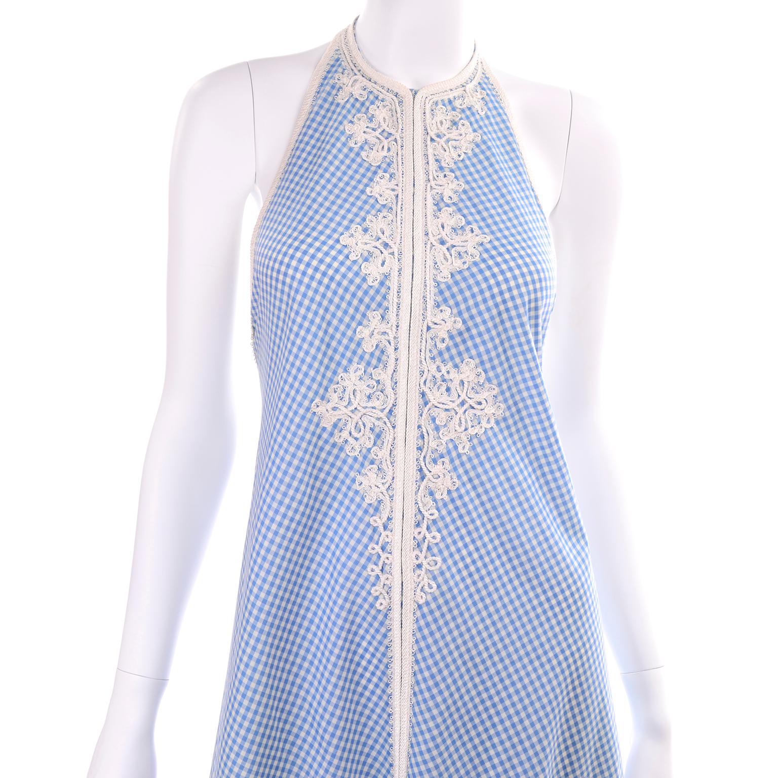 1970s Anne Klein Vintage Halter Dress in Blue and White Gingham Check w applique 6