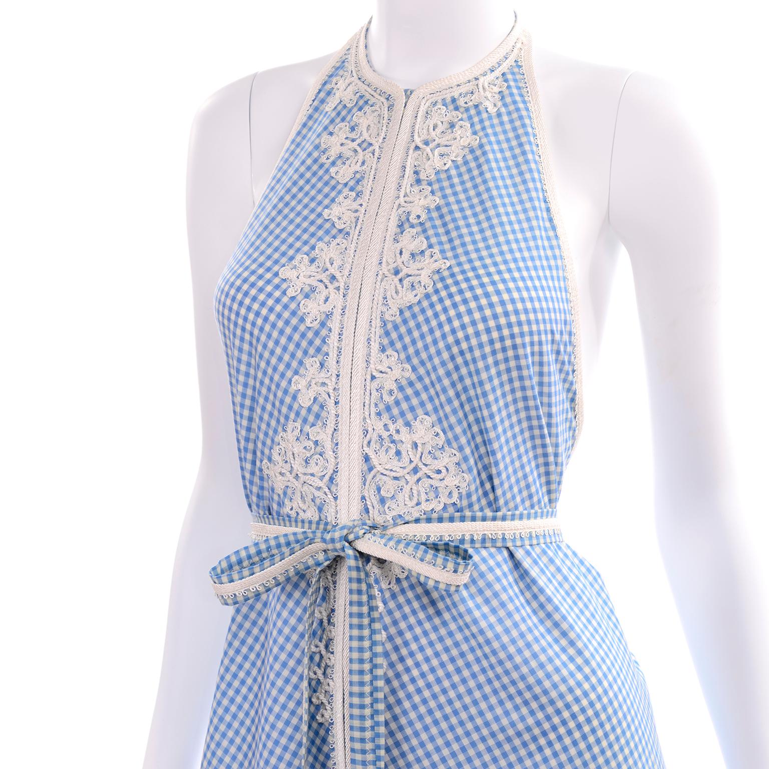 1970s Anne Klein Vintage Halter Dress in Blue and White Gingham Check w applique 7