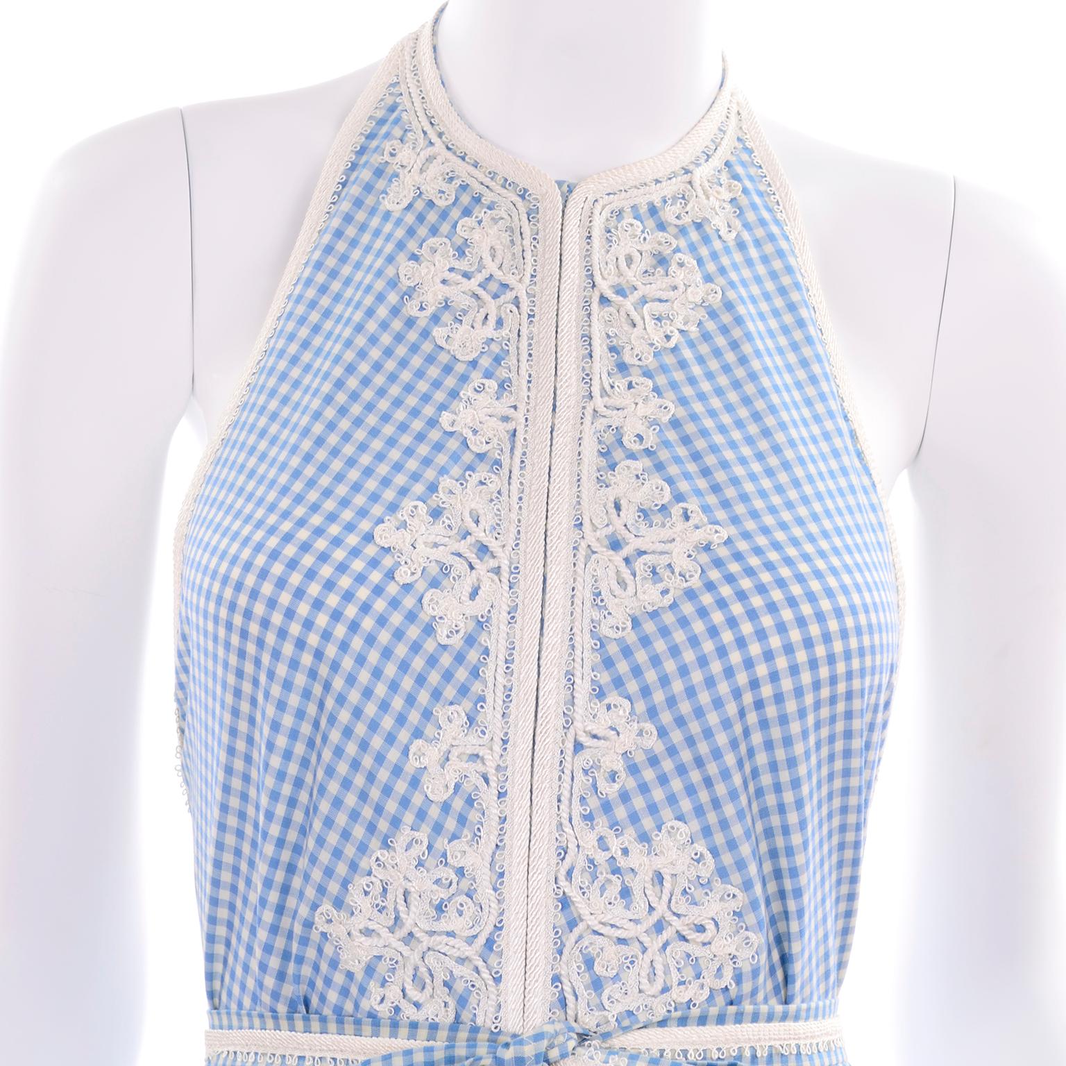 1970s Anne Klein Vintage Halter Dress in Blue and White Gingham Check w applique 8