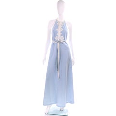1970s Anne Klein Vintage Halter Dress in Blue and White Gingham Check w applique