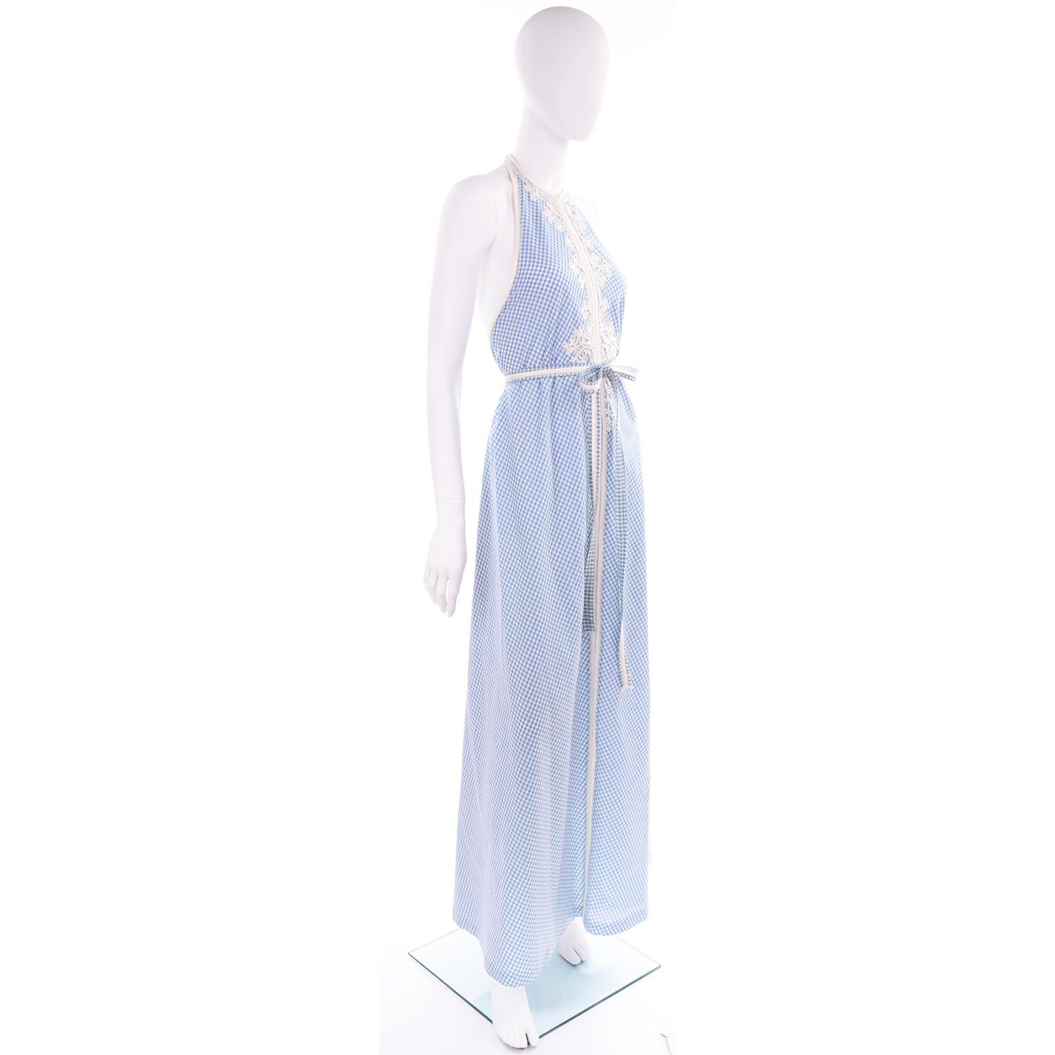 Women's 1970s Anne Klein Vintage Halter Dress in Blue and White Gingham Check w applique