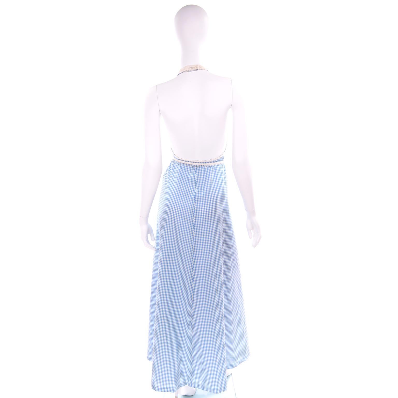 1970s Anne Klein Vintage Halter Dress in Blue and White Gingham Check w applique 1