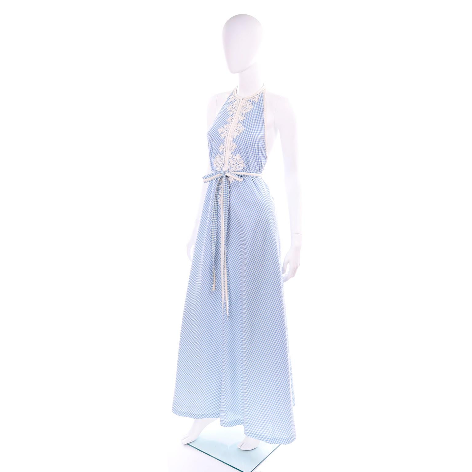1970s Anne Klein Vintage Halter Dress in Blue and White Gingham Check w applique 2