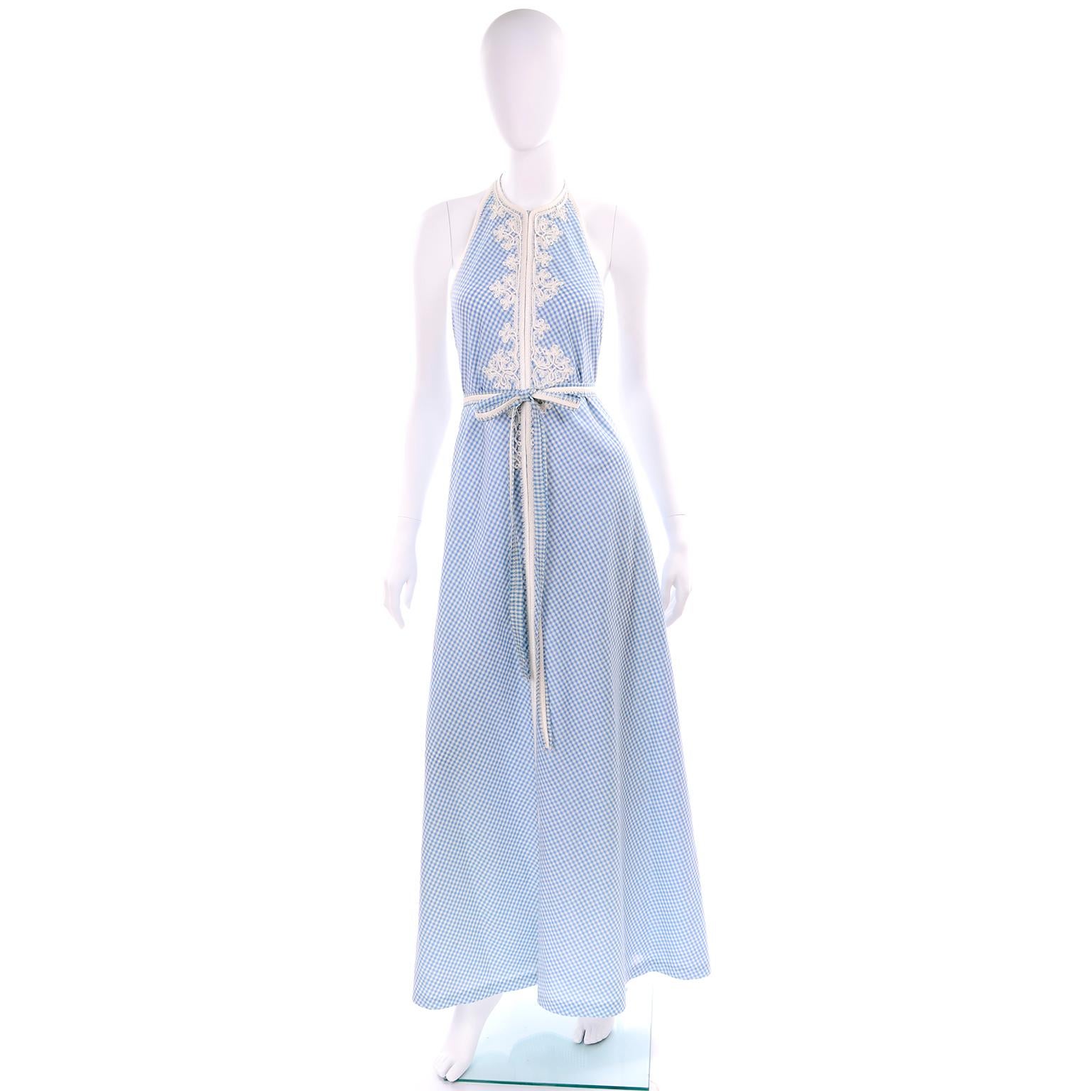 1970s Anne Klein Vintage Halter Dress in Blue and White Gingham Check w applique 3