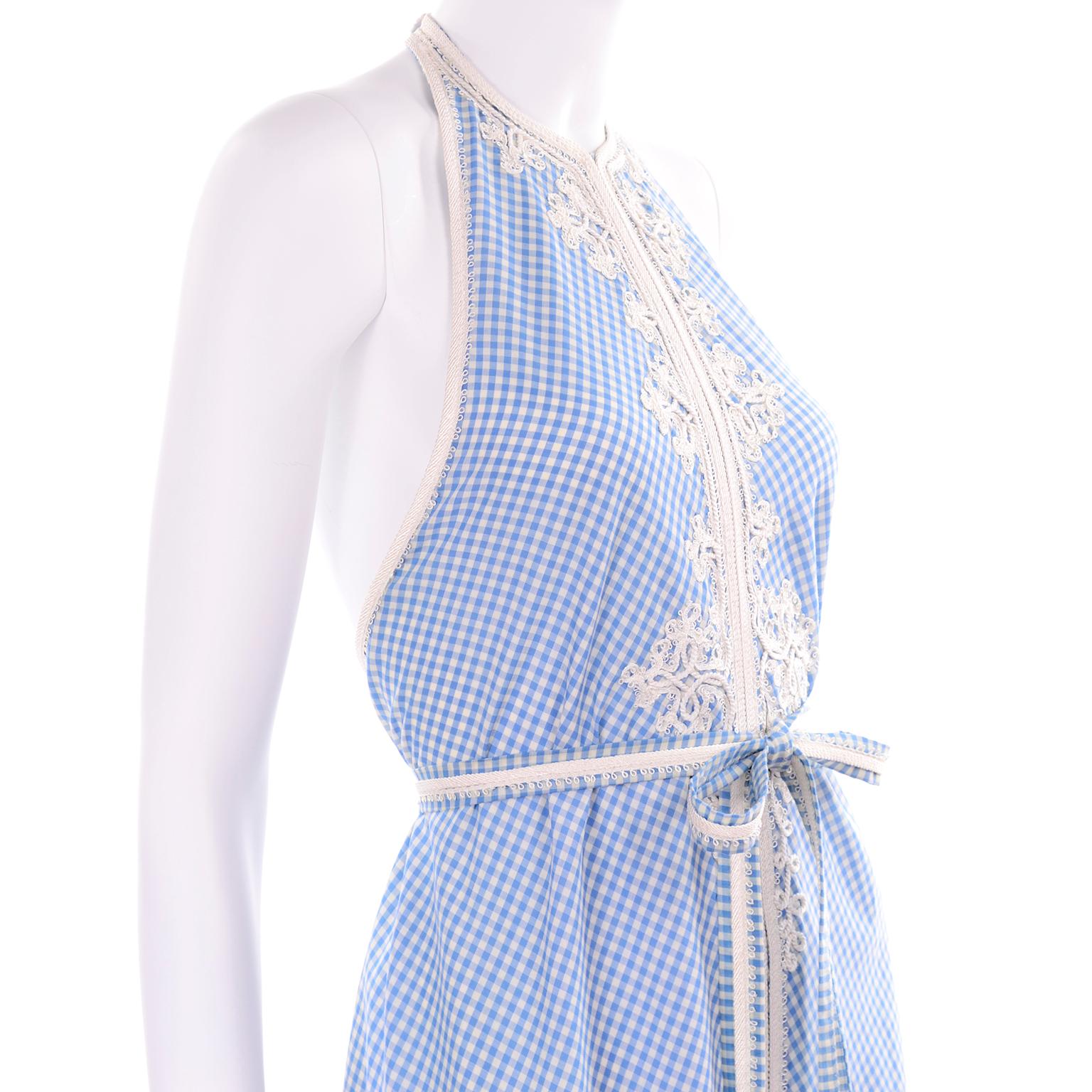 1970s Anne Klein Vintage Halter Dress in Blue and White Gingham Check w applique 4