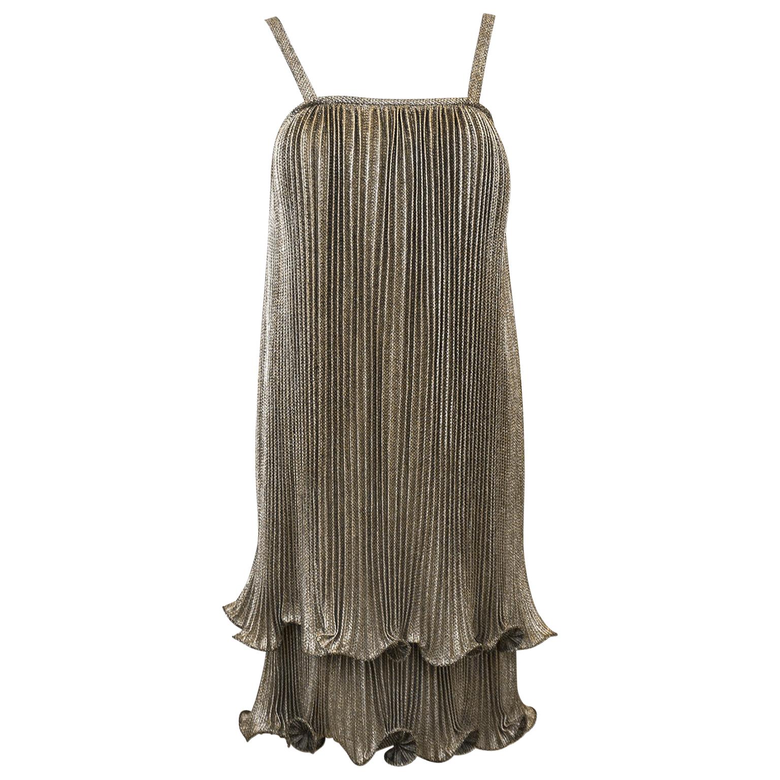 1970s Anonymous Gold Pleated Flapper Style Cocktail dress