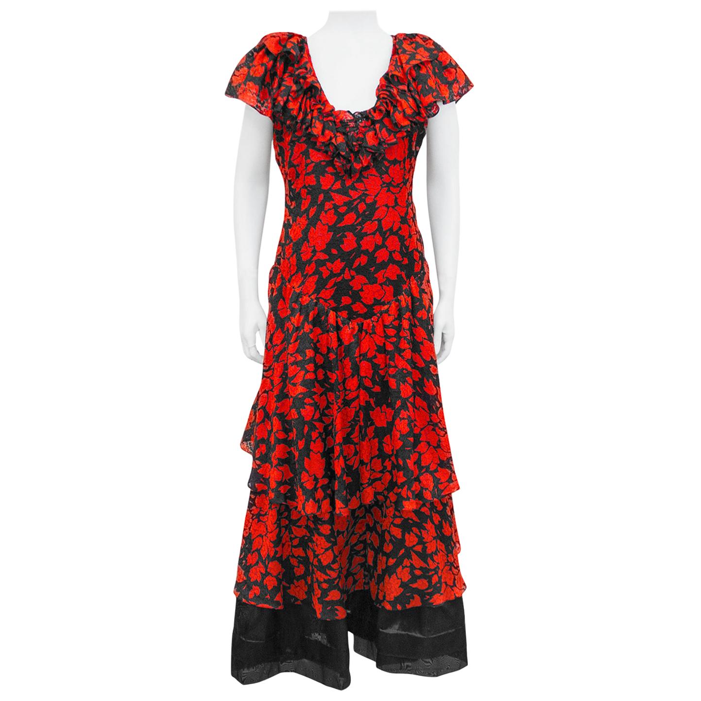 1970s Anonymous Red and Black Leaf Print Gown  For Sale
