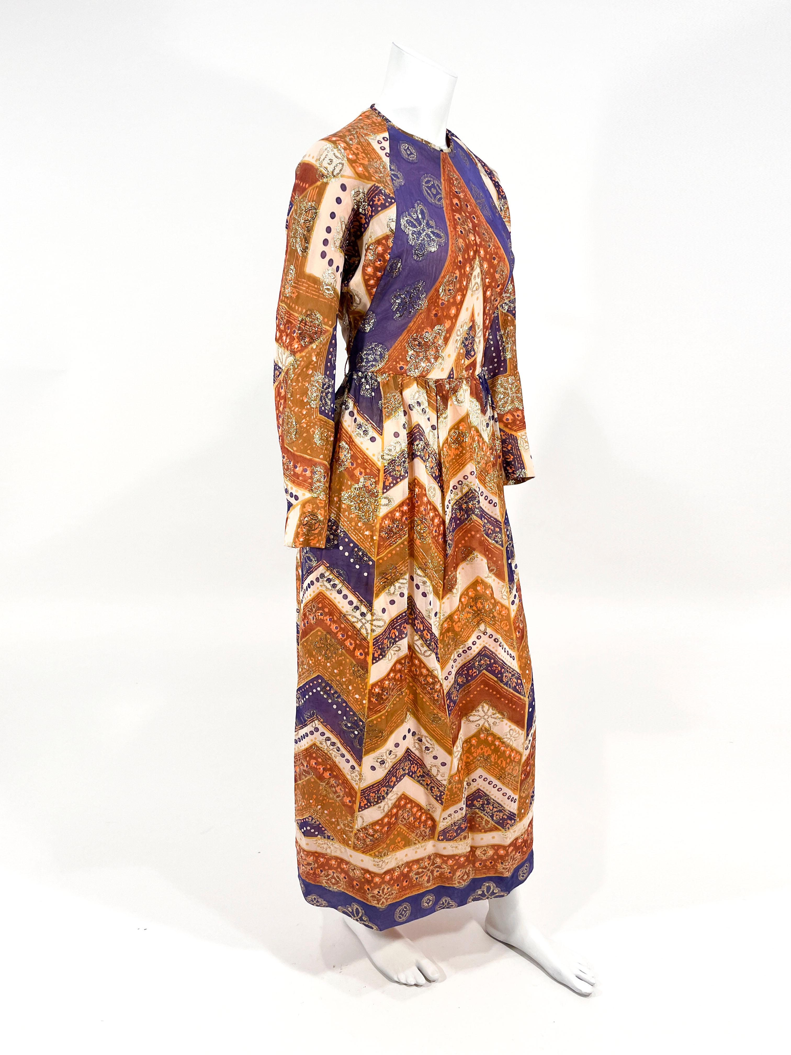 Women's 1970s Anthony Muto Chevron Printed and Metallic Dress For Sale