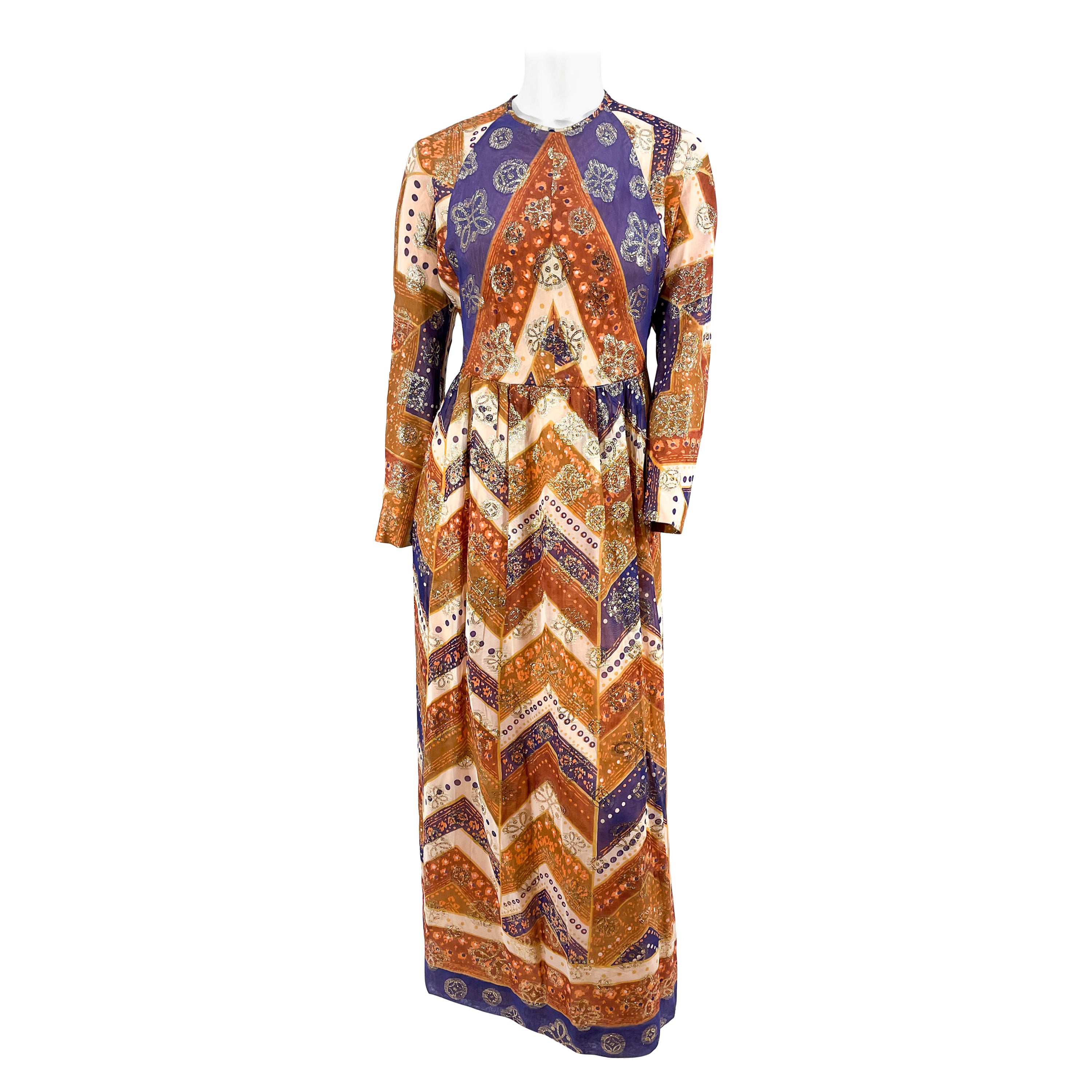 Anthony Muto Chevron Bedrucktes und Metallic-Kleid aus den 1970er Jahren