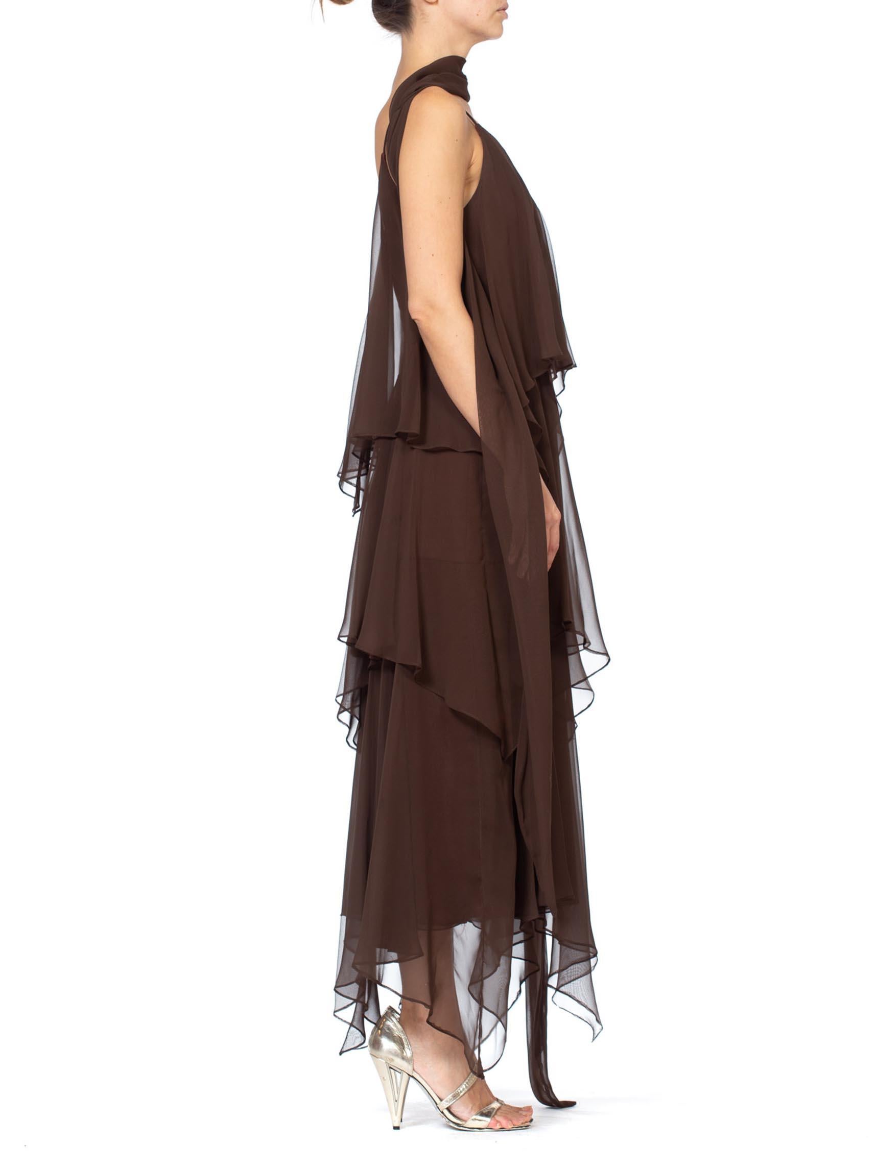 Black 1970S ANTHONY MUTO Chocolate Brown Polyester Chiffon Disco Flapper Dress With S