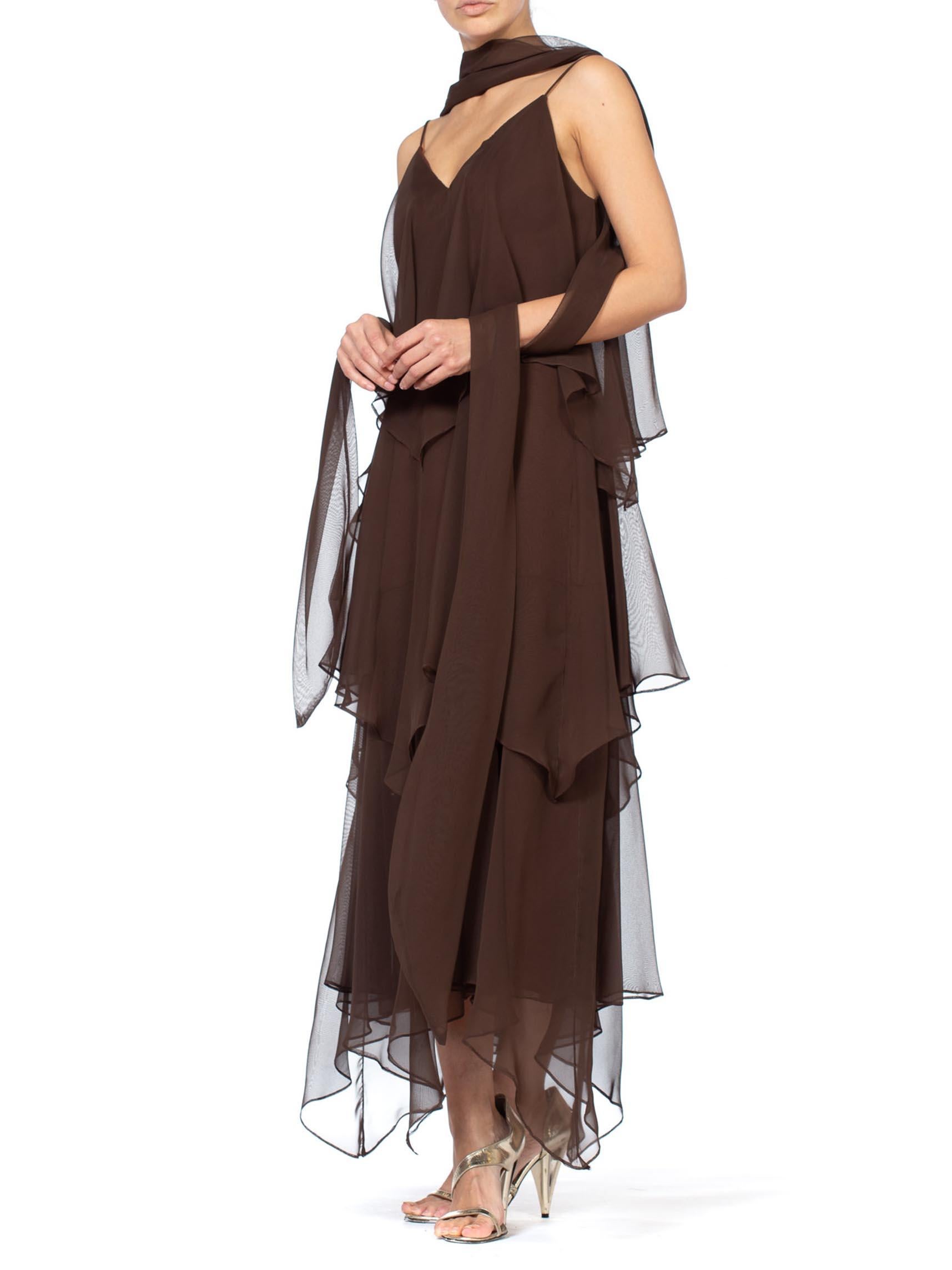 Women's 1970S ANTHONY MUTO Chocolate Brown Polyester Chiffon Disco Flapper Dress With S