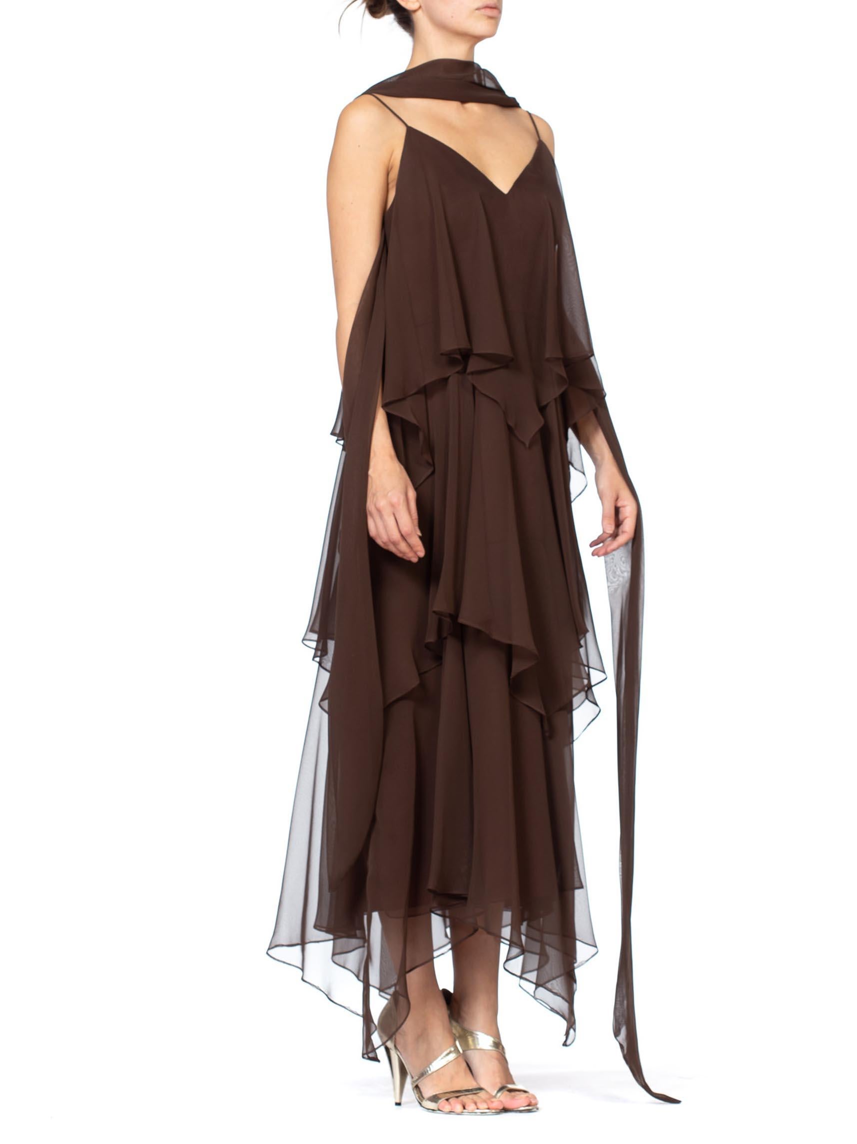 1970S ANTHONY MUTO Chocolate Brown Polyester Chiffon Disco Flapper Dress With S 1