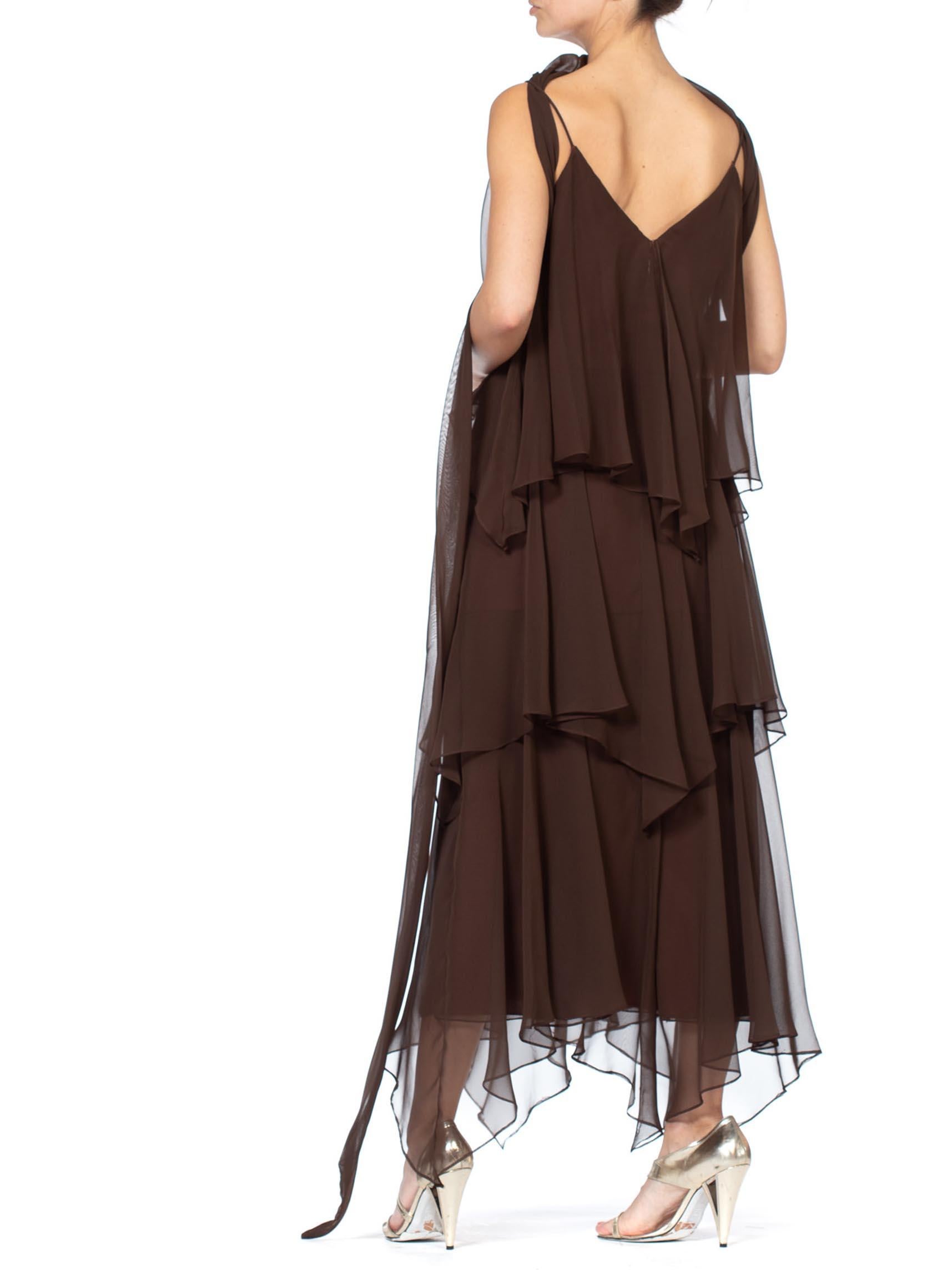 1970S ANTHONY MUTO Chocolate Brown Polyester Chiffon Disco Flapper Dress With S 2