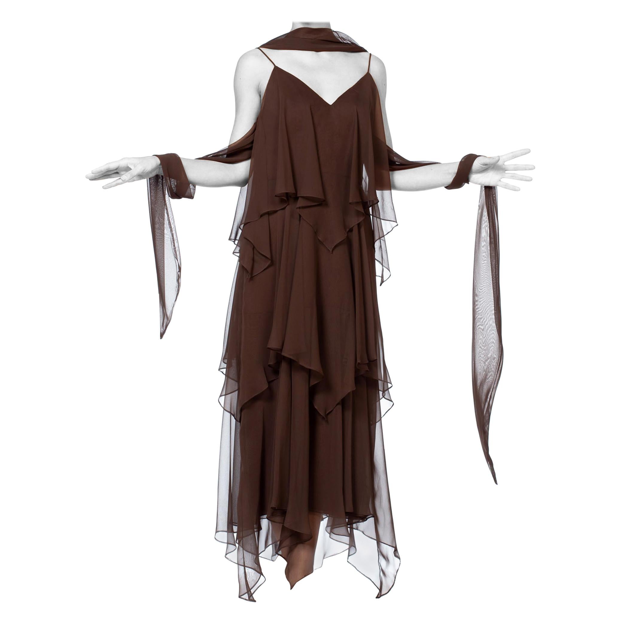 1970S ANTHONY MUTO Chocolate Brown Polyester Chiffon Disco Flapper Dress With S