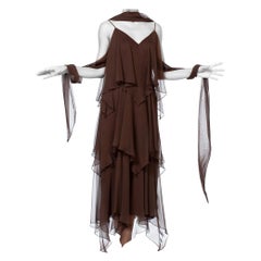 1970S ANTHONY MUTO Chocolate Brown Polyester Chiffon Disco Flapper Dress With S