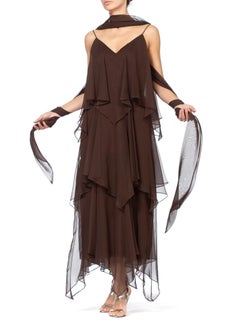 1970S ANTHONY MUTO Chocolate Brown Polyester Chiffon Disco Flapper Dress With S