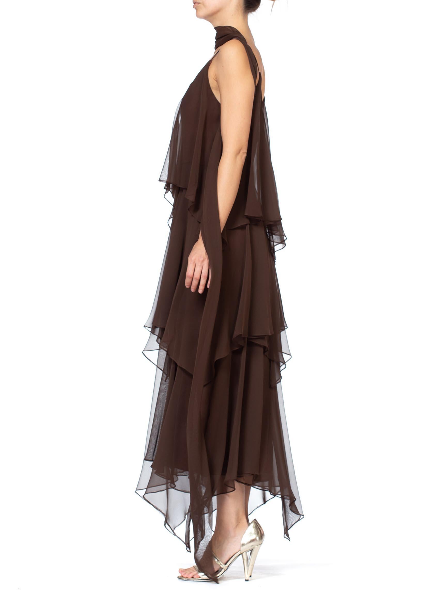 Women's 1970S ANTHONY MUTO Chocolate Brown Polyester Chiffon Disco Flapper Dress With S For Sale