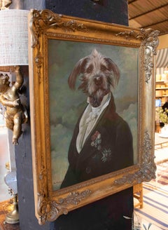 Portrait de canine anthropomorphe des années 1970 dans des peintures à l'huile, signé par Th. Poncelet