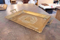 1970s Antique Hammered Brass Heraldic Tray with Bronze Handles