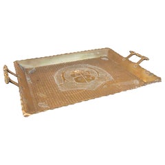 1970s Antique Hammered Brass Heraldic Tray with Bronze Handles