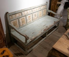 1970s Antique Hand-Painted Bench with Floral Decorative Panels