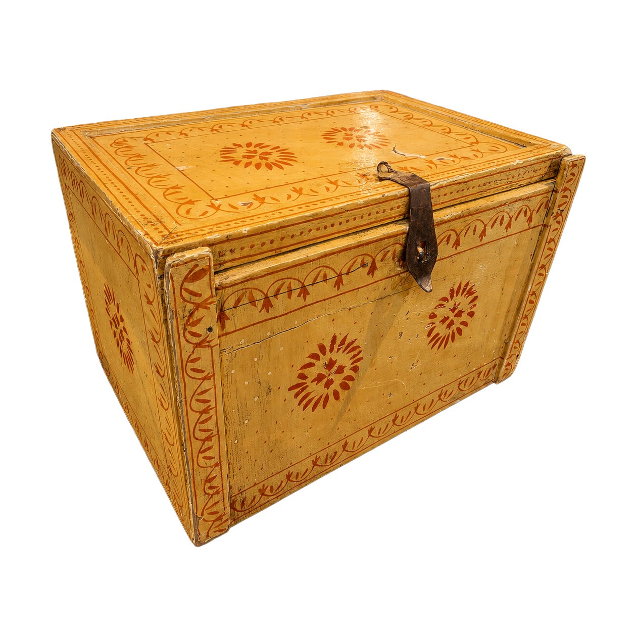 1970s Antique Polychrome Wood Chest with Handcrafted Floral Decoration For Sale
