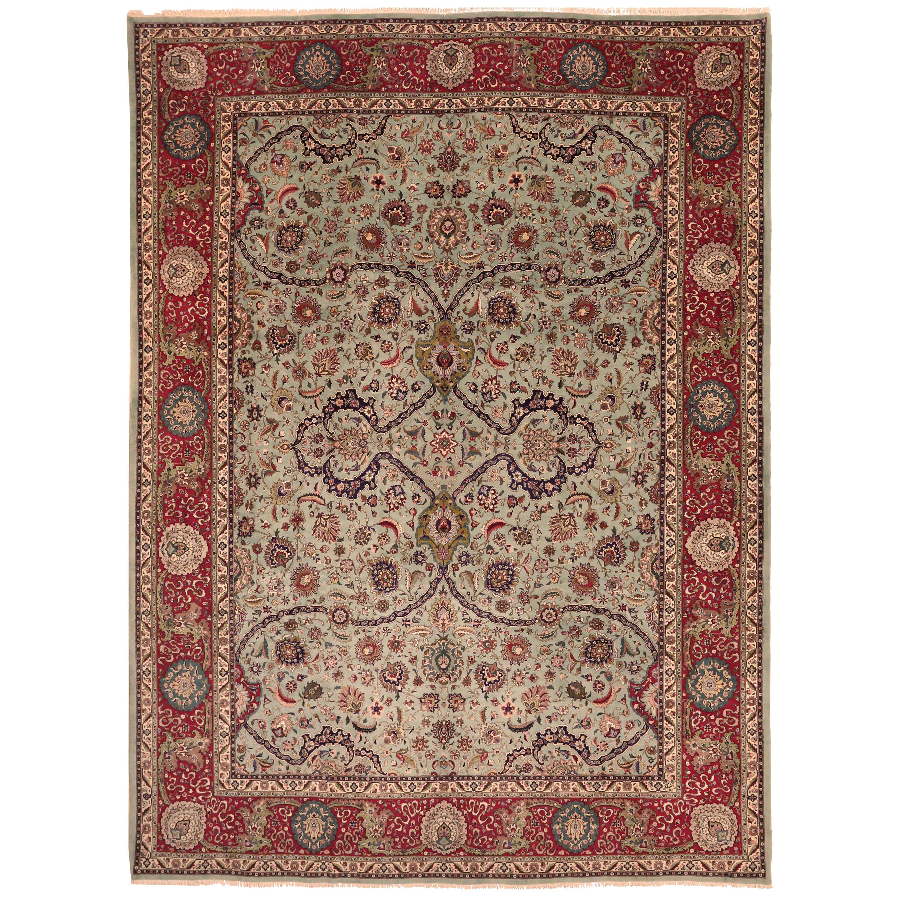 1970s Antique Tabriz Persian Rug with a Grand Blue and Red Floral Design