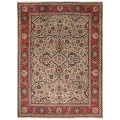 1970s Vintage Tabriz Persian Rug with a Grand Blue and Red Floral Design