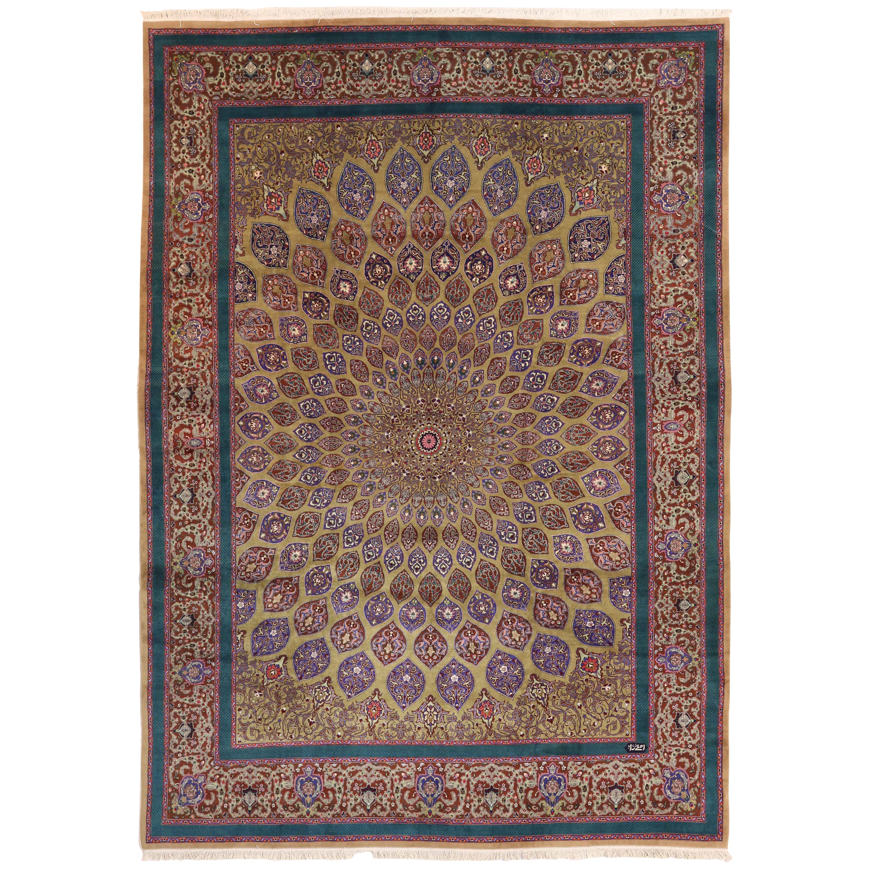 1970s Antique Tabriz Persian Rug with Circular Floral Motif in Green and Red For Sale