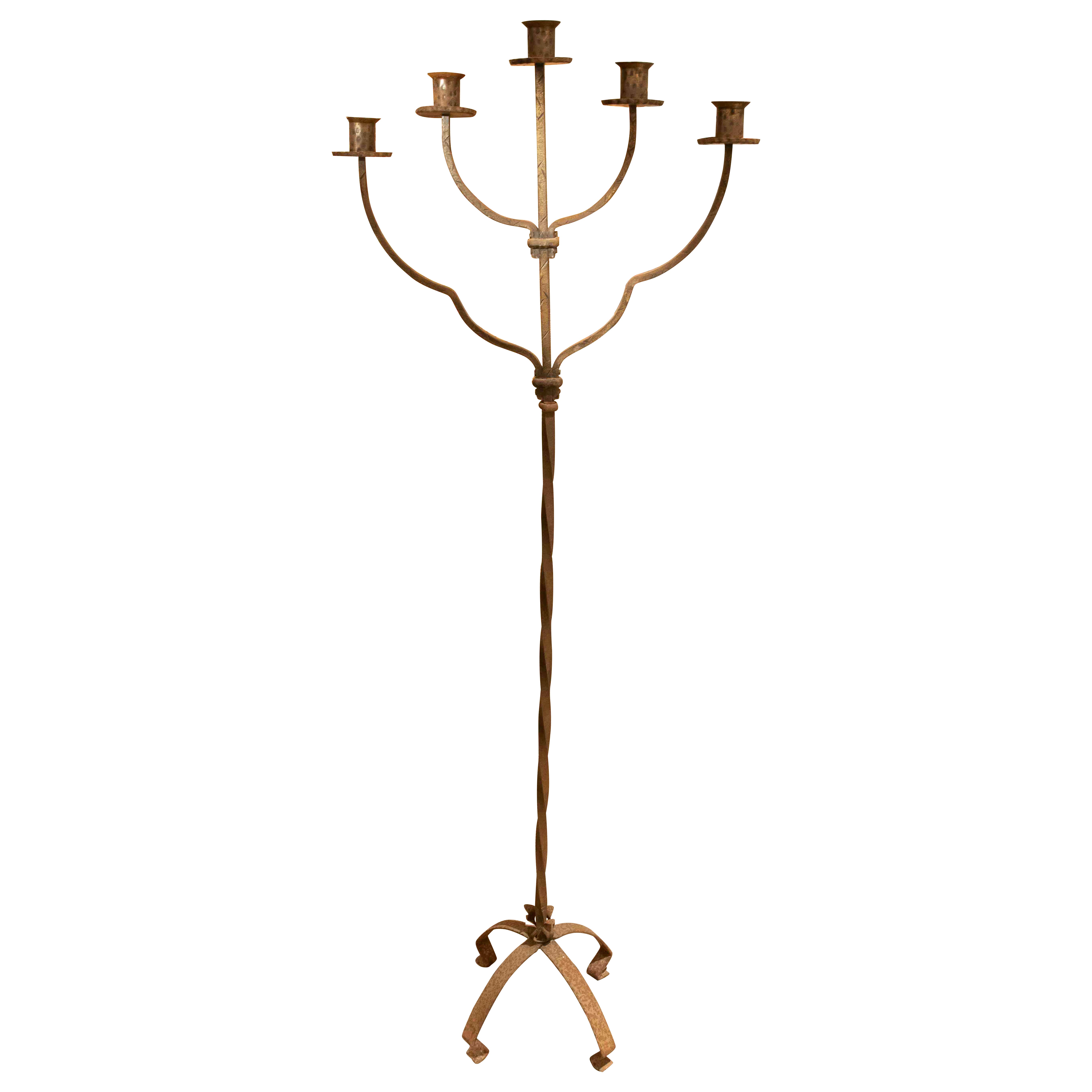 1970s Antique Wrought Iron Five-Arm Floor Candlestick For Sale