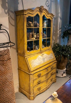 1970s Antique Yellow Lacquered Display Desk with Glass Doors