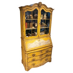 1970s Antique Yellow Lacquered Display Desk with Glass Doors