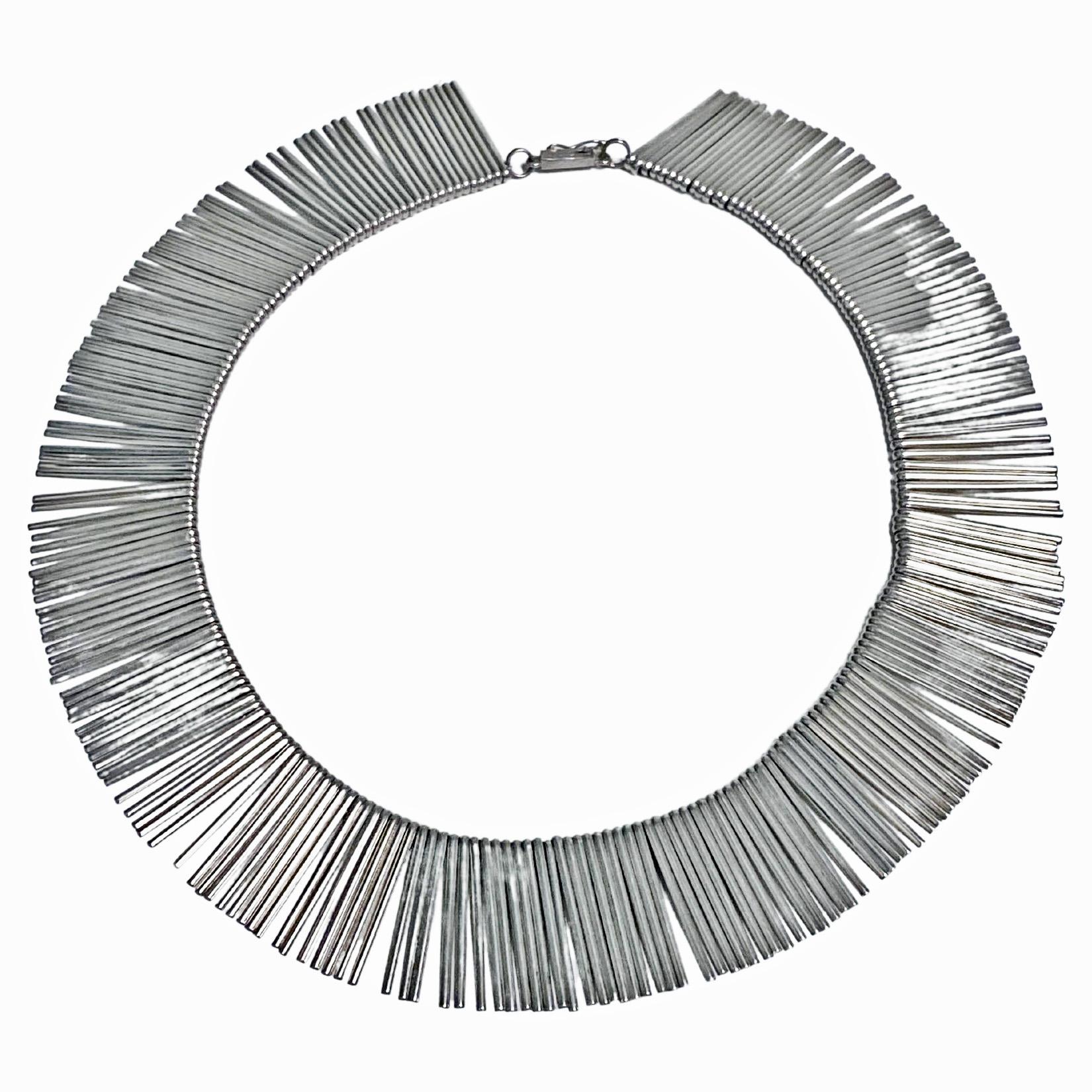 1970s Anton Michelsen Denmark Scandinavian Modernist Silver Fringe Necklace. Necklace designed by Eigil Jensen for Anton Michelsen, Denmark C.1970 in silver with each element of the fringe capturing the light reflections. Length: 15 inches. Weight: