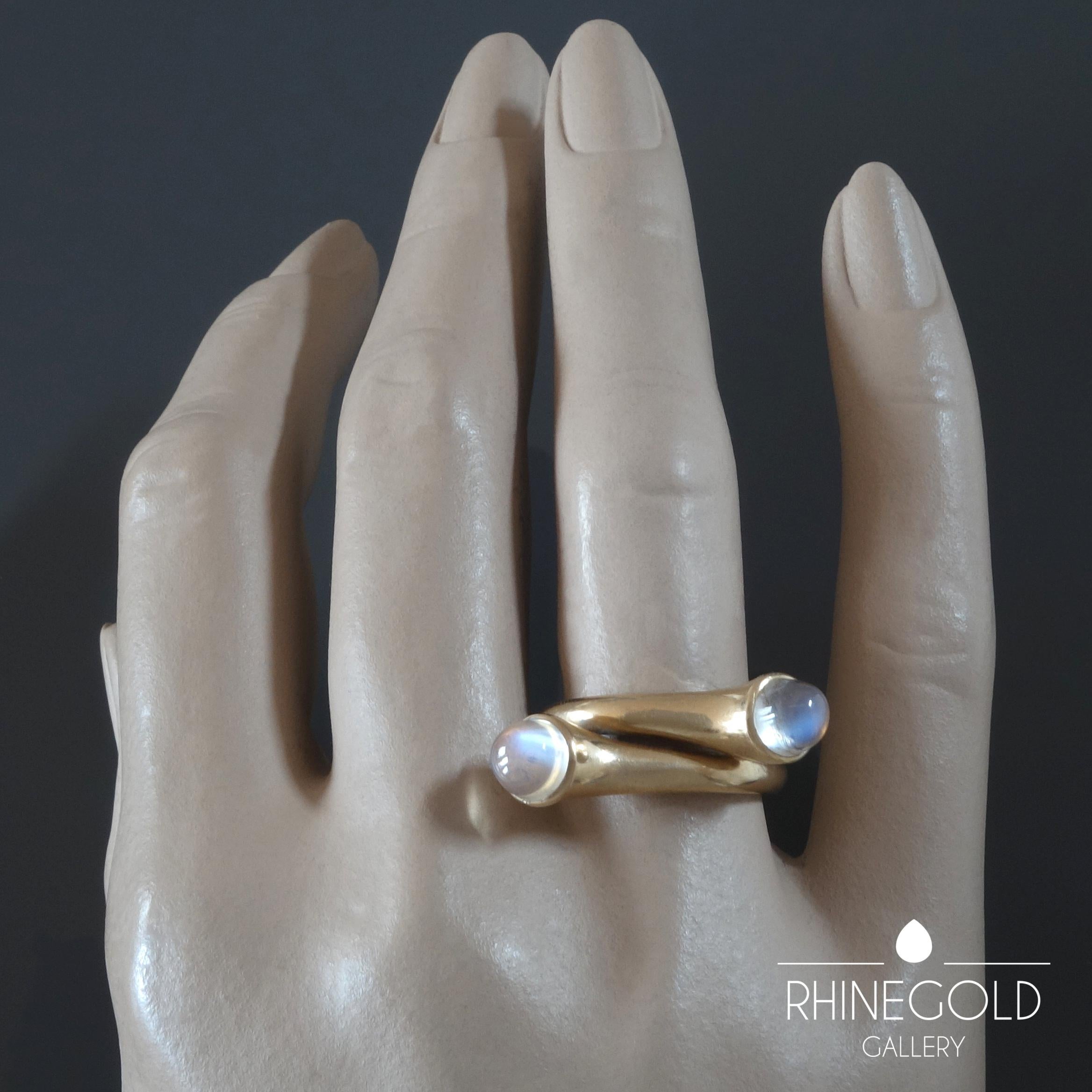 Antonio Pineda Mexican Moonstone Gold ‘Toi et Moi’ Ring
14k rose gold, moonstone 
Ring head 2.5 cm by 1.0 cm (approx. 1” by 3/8”)
Ring size (adjustable): Ø  16.9 mm = EU 53.1 / US 6 1/2 / ASIA 13
Weight approx. 9 grams
Marks: crown shaped ‘ANTONIO 