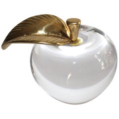 1970s Apple with Brass Leaf Crystal Paperweight