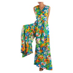 1970S Aqua Blue Floral Polyester Daisy Print Jumpsuit