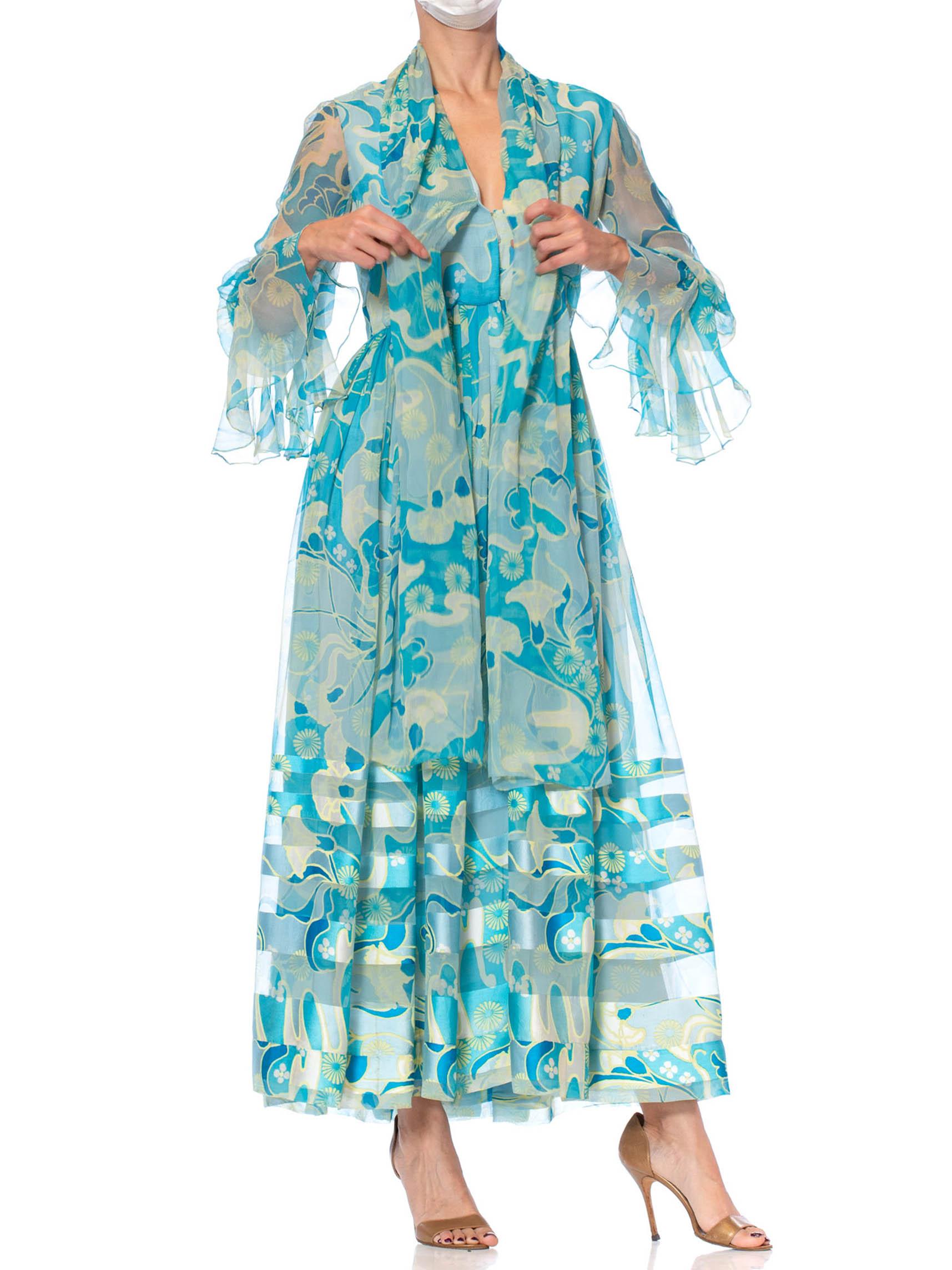 1970S Aqua Blau Floral Seide Chiffon Kleid mit angehängtem Schal 3
