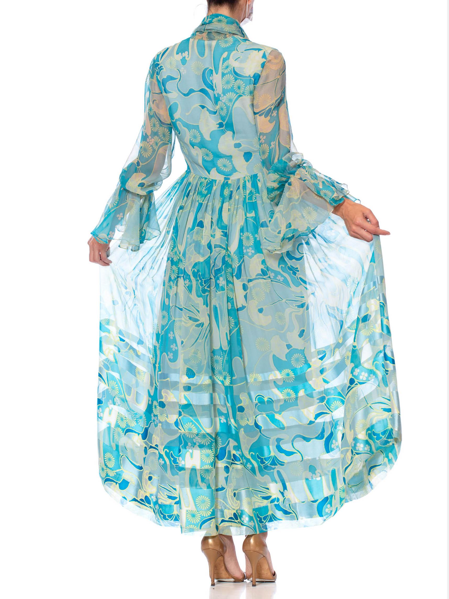 1970S Aqua Blau Floral Seide Chiffon Kleid mit angehängtem Schal 4