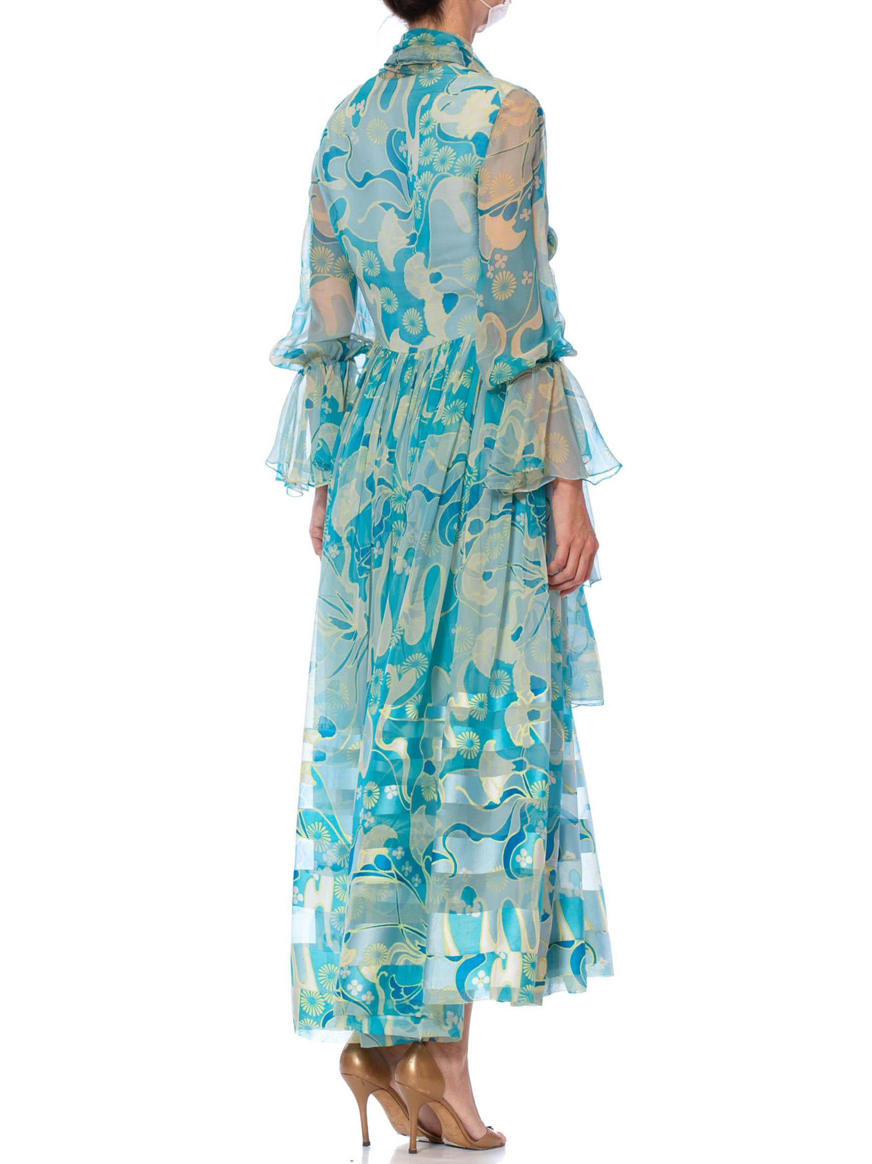 1970S Aqua Blau Floral Seide Chiffon Kleid mit angehängtem Schal 6
