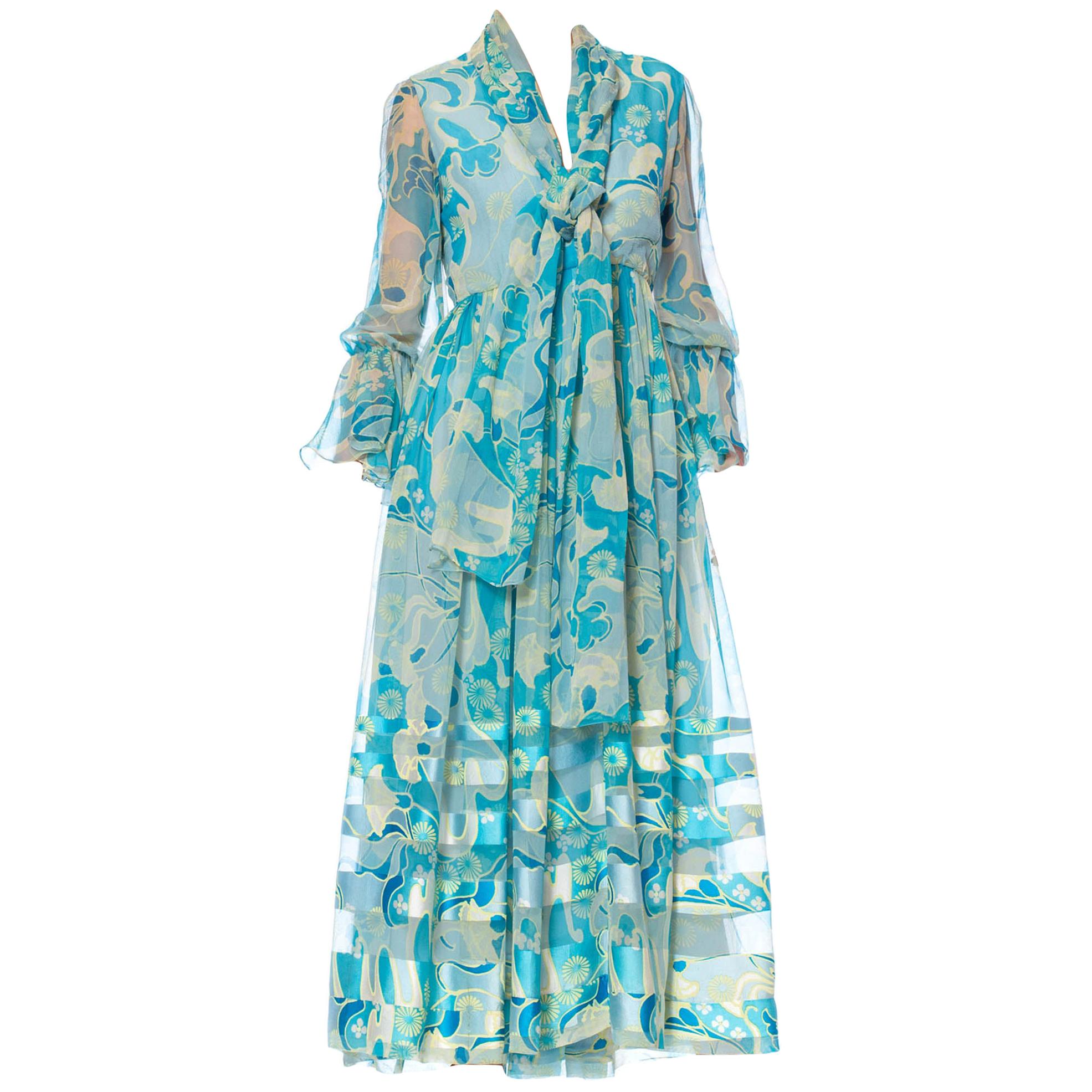 1970S Aqua Blue Floral Silk Chiffon Dress With Attached Scarf at 1stDibs