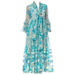 1970S Aqua Blue Floral Silk Chiffon Dress With Attached Scarf